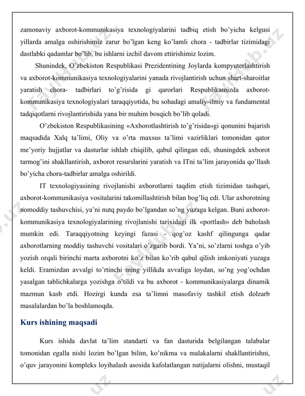 larni tayyorlashning samaradorligini oshirishda ta’lim beruvchi va ta’lim oluvchi shaxsining muntazam aloqasini ta’minlash asosiy vazifa bo’lib hisoblansa quyidagi ta’limiy imkoniyatlarni qo’lga kiritish mumkin: · masofaviy ta’lim o’qishga ijobiy yondashuvni ta’minlaydi; · pedagogik jarayon maqsadi sifatida ta’lim oluvchiga yo’nalish berish imkoniyati bor; · metodologik, nazariy, uslubiy bilimlarni egallashga imkon yaratadi; · bilish faoliyatini mustaqil tashkil etish imkonini beradi; · ta’limning turli axborotlarini topish va o’zlashtirish imkonini beradi; · zamonaviy pedagogik texnologiya asosida tashkil etiladigan bilish faoliyatini amalga oshirish borasida samarali qo’llaniladi; · axborotlarga bo’lgan ehtiyojlarni qondirishda, axborot olish va undan foydalanish samaralarini hosil qilish borasidagi ishlanmalarni tayyorlashga keng imkoniyatlar yaratadi. o’quv mashg’ulotlari, odatda, ma’ruza, maslahat, seminar, amaliy mashg’ulot, laboratoriya ishi, nazorat va mustaqil ishlar ko’rinishlarida o’tkaziladi. ta’lim jarayonini boshqarish nuqtai nazardan, texnologiyani tanlash oliy ta’lim muassasi o’qituvchisi tomonidan amalga oshiriladi. bundan tashqari, talim maqsadiga erishish uchun tanlanadigan didaktik vositalar to’plami ta’lim shakliga ko’p jihatdan bog’liq. masofali o’qitish, o’quv jarayonini an’anaviy tashkil …