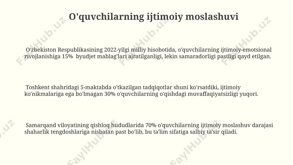 da, maktablararo baholash va reyting tizimlari orqali, samarqand viloyatida o'quvchilarda bilim darajasini kuzatish va taqqoslash keng qo'llaniladi. qoraqalpog'iston respublikasida 5 yildan buyon qo'llanib kelinayotgan "mentor" dasturi, 1500 dan ortiq o'qituvchiga 3 bosqichli treninglarni o'tkazish orqali, ijtimoiy-pedagogik muhitni yaxshilashga qaratilgan. 2023 yilda toshkent shahrida amalga oshirilgan tadqiqotlar, ijtimoiy tarmoqlardagi faollikning 30% ga yaqini ta'lim bilan bog'liq ekanligini va bu omilni boshqarish zarurligini ko'rsatdi. e'tiboringiz uchun rahmat @taqdimot_robot