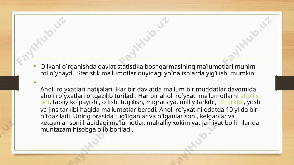 ografik adabiyotlar, so‘nggi vaqtlarda aerokosmik manbalardan ham foydalanilmoqda. sotsial-iqtisodiy kartalarni tuzishda mayda masshtabli kartalardan tashqari 1:25 000, 1:50 000 va 1:100 000 masshtabli yirik masshtabli kartalardan ham foydalaniladi. so‘nggi yillarda 1:1000 000, 1:2,5 mln. masshtabli umumgeografik kartalardan ham foydalanilmoqda. bu kartalar tuzilayotganda kartani ishchi kartografik asosi ham bo‘lishi mumkin. o`lka xo`jaligining rivojlanishining asosiy ko`rsatkichlarini statistika boshqarmasining quyidagi nashrlaridan olish mumkin: «o`zbekiston xalq xo`jaligi», «sanoat», «qishloq xo`jaligi», «transport», «tabiat muxofazasi». bundan tashqari statistik ma’lumotlarni maxalliy va markaziy matbuotdan, korxona va maxkamalardan ham olish mumkin. masalan, iqlim va daryolar ko`rsatkichlari bo`yicha statistik ma’lumotlar «o`zbekiston gidrometeriologiya», markazidan, o`lkada joylashgan meteostantsiyalar va gidropostlardan ham olish mumkin foydalangan adabiyotlar: информационные технологии для историков: учеб. пособие к практикуму по курсу «информатика и математика» / ред. л.и.бородкин. м.: изд-во мгу, 2006. христочевский с.а. электронные мультимедийные учебники и энциклопедии // информатика и оброзование. м., 2000. №2. с. 70-77.хроленко 3 а.т. современные информационные технологии для гуманитария: прак. рук. / …