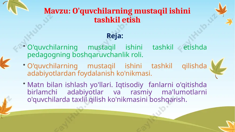 iladi. 5 ma`lumki, kasb-hunar ta'limida o`quvchining mustaqil ishini tashkil etish to`g`risida 2005 yil 17 avgustda 192-sonli qaror qabul qilingan bo`lib, unda quyidagi umumiy qoidalar belgilab chiqilgan. mazkur nizom o`zbekiston respublikasi vazirlar mahkamasining 2000 yil 16 oktyabrdagi «o`rta maxsus, kasb-hunar ta`limining davlat ta`lim standartlarini tasdiqlash to`g`risida»gi 400-sonli qaroriga muvofiq respublikamizning ijtimoiy-iqtisodiy rivojlanishida kadrlar tayyorlash sifatini oshirish, o`quvchilarning mustaqil fikrlash qobiliyatlarini, ijodiy va ijtimoiy faollikka, kasbga bo`lgan qiziqishlarini shakllantirishda o`quvchilarning mustaqil ishlarini tashkil etish va nazorat qilish tartibini belgilaydi. o'quvchilarning mustaqil ishini tashkil qilishda adabiyotlardan foydalanish ko'nikmasi. 6 ~o`quvchilarning mustaqil ishi o`quv rejasidagi umumta`lim, umumkasbiy va maxsus fanlarni o`zlashtirish uchun belgilangan o`quv ishlarining ajralmas qismi bo`lib, uslubiy, ilg`or pedagogik va axborot resurslari jihatdan ta`minlanadi hamda bajarilishi reyting tizimi talablari asosida nazorat qilinadi. ~o`rta maxsus, kasb-hunar ta`lim muassasalarida o`quvchilarning haftalik mustaqil ishlarining umumiy hajmi 16 soatni tashkil etadi. ~o`quv semestri yakunida o`quvchining mustaqil ishi bo`yicha to`plagan reyting ballari har bir fan bo`yicha auditoriyadagi …