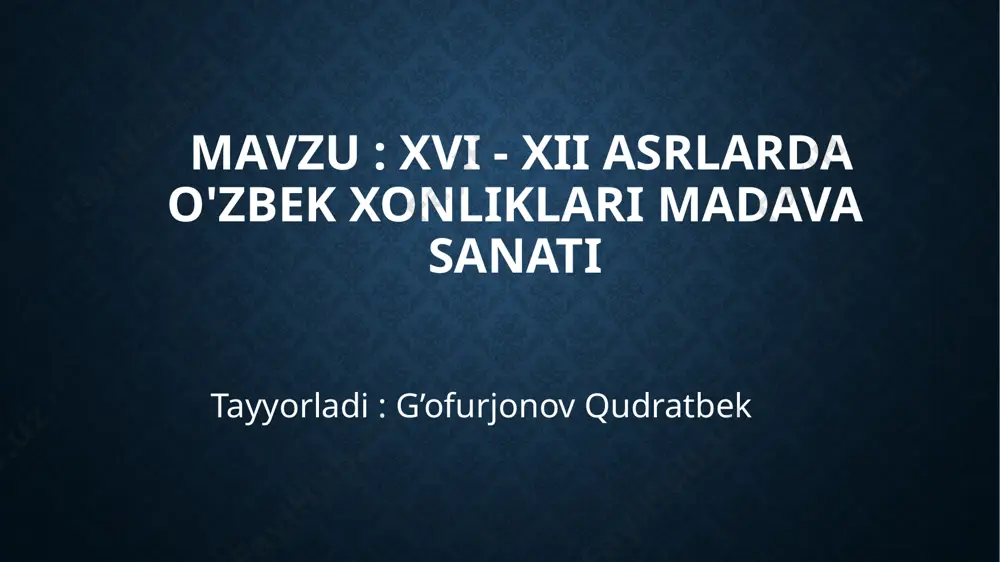 va samarqandda o'ziga xos bezak va vizual uslublar shakllandi. teatr sanati va sahna madaniyatining shakllanishi va rivojlanishi 1 teatrning tarixi rivojlanishi - o'zbek xonliklarida teatr sanati xvi asrdan boshlab rivojlanib, musiqiy va dramatik ijodlar bilan boyitildi, milliy va diniy mavzularni aks ettirdi. 2 sahna dizayni va rivoji - sahna bezaklari va kostyumlar o'ziga xos bo'lib, xarakter va voqealarni ifodalashda muhim rol o'ynadi, sahna dizayni estetik va funksional rivojlandi. 3 o'yinchilar va rol - teatrda aktyorlar rollarni ijro etishda mahorat bilan ishlashdi, ular xalq orasida tarqalgan hikoyalarni sahnaga olib chiqishdi, milliy madaniyatni targ'ib qildi. 4 madaniy va ijtimoiy ta'sir - teatr sanati jamiyatdagi ijtimoiy fikrlarni shakllantirishda va madaniyatni saqlashda muhim vazifa bajarib, xalqqa ma'rifat va ma'naviyatni yetkazdi. buxoro xonligida tasviriy san'at va dekorativ bezaklarning rivojlanishi 01 tasviriy san'atning rivojlanishi buxoro xonligida tasviriy san'at rivojlanib, miniatyuralar va freskalar orqali diniy va madaniy mavzular ifoda etildi. bu san'at usullari xalqqa yaqin bo'ldi. 02 …