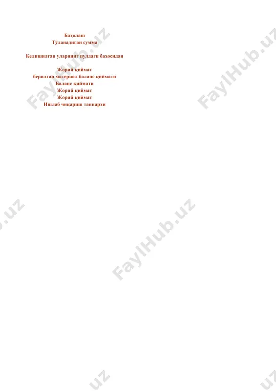 арни ҳисобга олишнинг тизимлари товар-моддий захираларнинг узлуксиз ҳисобга олиш тизимидан фойдаланилганда товар-моддий захираларни ҳисобга олиш счётларида уларнинг келиб тушиши ва чиқиб кетиши бўйича операциялар батафсил акс эттириб борилади. даврий ҳисобга олиш тизими қўлланилганида ҳисобот даври мобайнида товар-моддий захираларни ҳисобга олиш счётларида уларнинг келиб тушиши ва чиқиб кетишининг батафсил ҳисоби юритилмайди. узлуксиз даврий товар-моддий захираларни ҳисобга олишнинг қўлланадиган тизими ташкилотнинг ҳисоб сиёсатида акс эттирилиши лозим. материаллар материаллар турлари 1010 "хом ашё ва материаллар"; 1020 "сотиб олинган ярим тайёр маҳсулотлар ва бутловчи буюмлар"; 1030 "ёқилғилар"; 1040 "эҳтиёт қисмлар"; 1050 "қурилиш материаллари"; 1060 "идиш ва идишбоп материаллар"; 1070 "четга қайта ишлаш учун берилган материаллар"; 1080 "инвентарь ва хўжалик жиҳозлари"; 1090 "бошқа материаллар". материаллар қуйидагилар натижасида балансга киритилиши лозим материалларни харид қилиш билан боғлиқ бўлган ва уларнинг таннархига киритиладиган харажатларга қуйидагилар киритилади: 1 божхона божлари ва йиғимлари; 2 харид қилиш билан боғлиқ бўлган солиқ ва йиғимлар суммалари (агар улар қопланмаса) 6 товар-моддий захираларни харид …