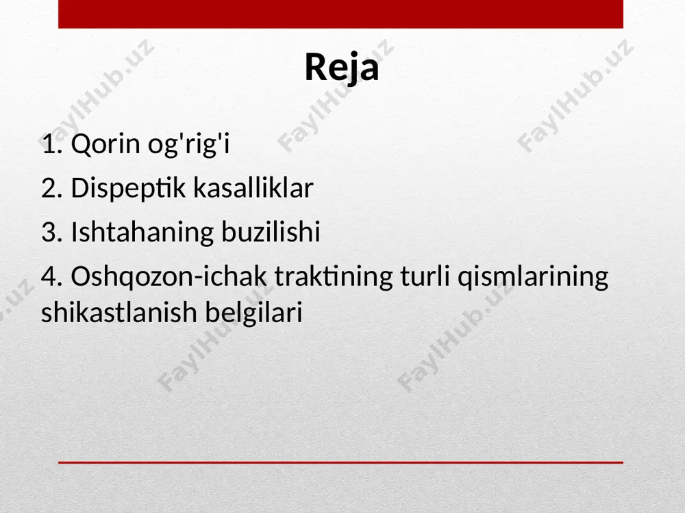 'i bo'lsa, faqat kindik mintaqasiga ishora qiladi. qorin bo'shlig'ining lateral qismlarida og'riqlar yo'g'on ichakning tegishli qismlarining shikastlanishi bilan, pubik mintaqada - urogenital hududning kasalliklari bilan paydo bo'lishi mumkin. o'ng inguinal mintaqada og'riqlar appendiksning yallig'lanishi, ko'richak, terminal yonbosh ichak kasalliklari, inguinal churra bilan kuzatiladi. chap inguinal mintaqadagi og'riqlar sigmasimon ichak kasalliklarida paydo bo'ladi va to'g'ri ichak kasalliklarida ko'pincha perineumda lokalize qilinadi. qorin og'rig'i o'ng elkada, skapulada og'riqning nurlanishi jigar va o't yo'llari kasalliklarida, ikkala gipoxondriyada - duodenit, pankreatit bilan (u ham orqa va pastki orqa tomonga nurlanadi). bemorlar kindik atrofida bosim hissi, tortishish og'rig'i, ingichka ichak kasalliklarida yonish hissi. katta ichakning shikastlanishi bilan kuchli og'riqlar kuzatiladi. to'g'ri hipokondriyumda to'liqlik hissi hipotonik turga ko'ra o't yo'llarining diskinetik buzilishlariga bog'liq bo'lishi mumkin. qorin og'rig'i adezyonlar paytida og'riqlar ichak motorikasining balandligida paydo bo'ladi, ularning namoyon bo'lishi bemorlarning to'satdan harakatlari, miya chayqalishi, egilish va boshqalar bilan osonlashadi. spazmodik og'riqlar kolit, enterokolitda paydo bo'ladi, qo'pol, achchiq …