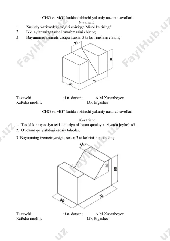 ? 2. izometrik proyeksiyalar deb nimaga aytiladi 3. buyumning izometriyasiga asosan 3 ta ko’rinishini chizing tuzuvchi: t.f.n. dotsent a.m.xusanboyev kafedra mudiri: i.o. ergashev “chg va mg” fanidan birinchi yakuniy nazorat savollari. 28-variant. 1. umumiy vaziyatdagi uchlarini koordinatalari bilan berilgan ab kesmani epyuri qurilsin, haqiqiy uzunligi va proyeksiya tekisliklari bilan hosil qilinuvchi burchagi aniqlansin. ( ihtiyoriy usulda ) 2. dimmetrik proyeksiyalar deb nimaga aytiladi. 3. buyumning izometriyasiga asosan 3 ta ko’rinishini chizing tuzuvchi: t.f.n. dotsent a.m.xusanboyev kafedra mudiri: i.o. ergashev image3.png image4.png image5.png image6.png image7.png image8.png image9.png image10.png image11.png image12.png image13.png image14.png image1.png image2.png