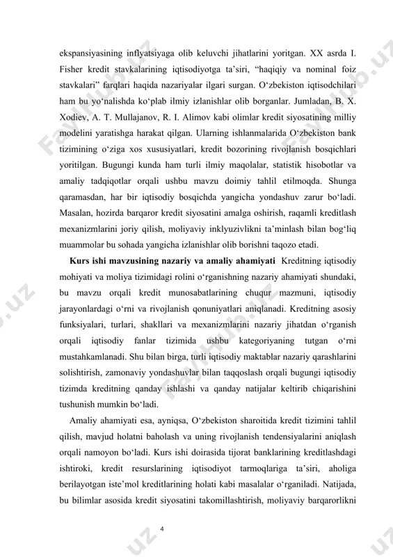 lishlarni belgilashda mazkur ishning natijalari muhim o‘rin tutadi. kurs ishi mavzusining obyekti — o‘zbekiston respublikasining bank-moliya tizimida mavjud bo‘lgan kredit munosabatlari, tijorat banklari va ularning kreditlashdagi ishtirokidir. kurs ishi mavzusining predmeti — kreditning nazariy asoslari, iqtisodiy mohiyati, shakllari hamda moliyaviy barqarorlikni ta’minlashdagi o‘rni va amaliy funksiyalaridir. kurs ishi mavzusining maqsadi — kreditning iqtisodiy mohiyatini, uning moliya tizimidagi rolini nazariy va amaliy jihatdan o‘rganish, o‘zbekiston tajribasida kreditlash tizimini tahlil qilish va rivojlantirish bo‘yicha takliflar ishlab chiqishdan iborat. kurs ishi mavzusining vazifalari · kreditning iqtisodiy kategoriyasi sifatidagi mohiyatini ochib berish; · kredit turlari, shakllari va funksiyalarini tahlil qilish; · kredit munosabatlarining shakllanish va rivojlanish bosqichlarini ko‘rsatish; · kredit siyosatining moliyaviy barqarorlikdagi o‘rnini baholash; · tijorat banklarining kreditlashdagi ishtirokini o‘rganish; · o‘zbekiston moliya tizimida kreditlash holati va rivojlanish tendensiyalarini tahlil qilish; · kreditlash tizimini takomillashtirishga doir xulosalar va tavsiyalar ishlab chiqish. kurs ishi mavzusining tuzilishi kurs ishi kirish, ikkita asosiy bob, har bir …