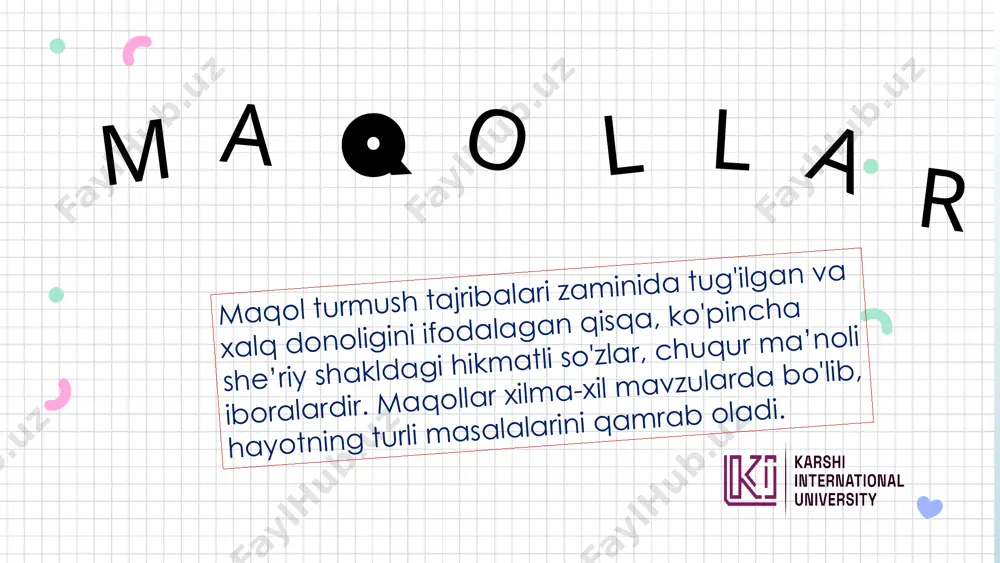 , quyonni – uzunquloq, itni – shalpangquloq, ko‘zni – darcha, bug‘doyni – qizil deb atalashidagi sirlilik topishmoqlar turlari. 1 bir predmetli topishmoqlar “bossang, vaqillaydi” 2 ikki predmetli topishmoqlar tog‘da talaymonni ko‘rdim, suvda sulaymonni ko‘rdim. tuzsiz pishgan oshni ko‘rdim, yumalab yotgan toshni ko‘rdim,- 13 topishmoqlar yozma badiiy adabiyotga ham samarali ta’sir ko‘rsatib, mumtoz she’riyatda lug‘z, chiston, muammo, ta’rix va muvashshah singari janrlarning yuzaga kelishiga ta’sir ko‘rsatgan bo‘lsa, xx asrda o‘zbek bolalar she’riyatida adabiy topishmoqlar yozishning an’anaviy tus olishini ta’minladi. bu sohada jahon otin uvaysiy, g‘afur g‘ulom singari zabardast shoirlar boshlagan an’anani shukur sa’dulla, ilyos muslim, adham rahmat, po‘lat mo‘min, safar barnoyev, tursunboy adashboyev, rauf tolib va s.g‘afurov singari bolalar adabiyotining turli avlodiga mansub ijodkorlar davom ettirmoqdalar. “masal” arabcha sо‘z bо‘lib, “namuna, misol” ma’nosini bildiradi. masal xalq og‘zaki ijodida ham she’riy, ham nasriy yо‘lda yozilgan, asosini majoziy va ramziy obrazlarning faol harakati tashkil etgan, ta’limiy mazmundagi satirik va yumoristik tanqid ruhida bayon …