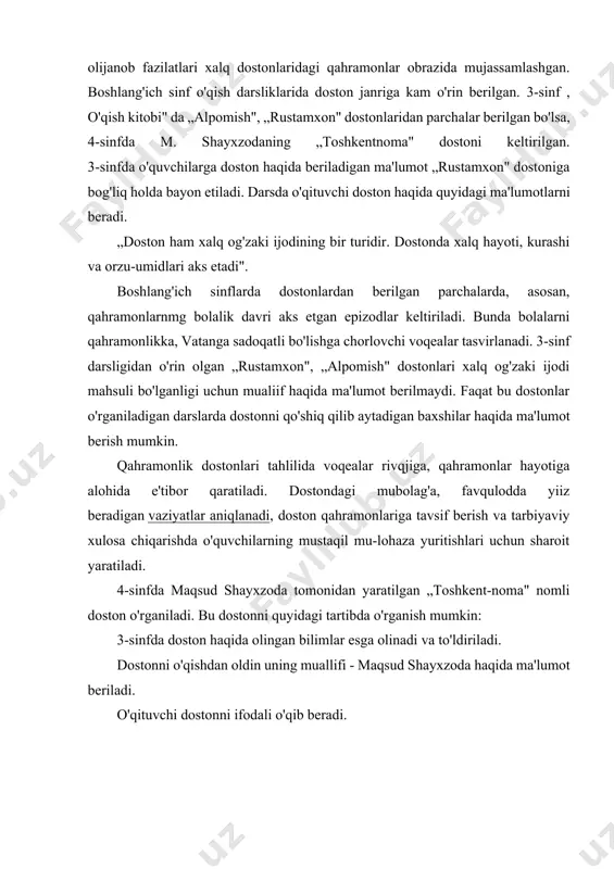 o‘zbek xalq og‘zaki ijodining har bitta janrida tarbiyaning umumiy jihatlarini aks etadi. masalan, xalq qo‘shiqlarida odamlarning orzu-armonlari, umidlari, samimiy tuyg’ulari aks etsa, ertaklarda odamlardagi yaxshi fazilatlari bilan bir qatorda yomon qusurlari ham ko‘rsatiladi. zohiran ixcham, ma’nan purma’no maqol, hikmatlarda xalq donishmandligi zuhur topganligini ko‘rishimiz mumkin. topshmoqlar, latifalarda uddaburonlik, topqirlik, fikr-mulohazakorlik namoyon bo‘lganligini ko‘rsak, afsona va rivoyatlarda ibrat, namuna, o‘rnak kabilarni ko‘ramiz. qisqasi, xalq og‘zaki namunalarida inson kamoloti uchun zarur xislatlar tarannum etilgani, tarbiyaviy ahamiyat kasb etadi. adabiyot xalq og‘zaki ijodidan boshlanadi. xalq og‘zaki ijodida yosh avlodni ma’naviy-axloqiy tarbiyalash va tarbiya usullari, insoniy qadriyatlar va vatanparvarlik tarbiyasi, do‘stlik, ahillik, mehnatsevarlik, ota-onaga muhabbat, ezgulik va xunuklikning, yaxshi va yomon xulqning oqibati, halollik, olijanoblik, to‘g‘rilik tarbiyasi, adolat, insof, qon-qarindoshlik mehri-oqibati, mardlik, kamtarlik, baxillik, sabr-qanoat va sabrsizlik, qadr va qadrsizlik, muhabbat, vafo va bevafolik, or-nomus va nomussizlik, samimiylik, andisha va andishasizlik, tejamkorlik va isrofgarchilik, me’yor va me’yorsizlik, mas’uliyat va mas’uliyatsizlik, tabiatni ardoqlash, yerni e’zozlash, …
