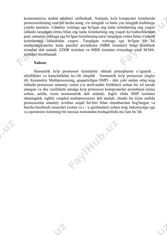 orasidagi ma'lumotlarni jismonan ko'chirishga hojat yo'q. boshqa tomondan, bir nechta protsessorlarning umumiy ma'lumotlarga bir vaqtning o'zida aylanishi noto'g'ri natijalarga olib kelishi mumkinligi sababli, parallel jarayonlarni sinxronizatsiya qilish va xotira muvofiqligini ta'minlash zarur. protsessorlar umumiy xotiraga juda tez-tez murojaat qilishlari kerakligi sababli, aloqa muhitining tarmoqli kengligi talablari juda yuqori. oxirgi holat multiprocessorlarda bir necha o'nlab protsessorlarning sonini cheklaydi. umumiy xotiraga kirish muammosining aniqligi qisman xotirani turli xil protsessorlardan xotiralarni parallellashtirishga imkon beradigan bloklarga ajratish orqali olib tashlanishi mumkin. ko'p protsessorlarning yana bir afzalligi - ko'p protsessorli tizim operatsion tizimning yagona nusxasini (odatda ishh kabi) boshqaradi va har bir protsessor tugunini individual sozlashni talab qilmaydi. umumiy ramga teng (nosimmetrik) kirish imkoniga ega bo'lgan bir hil multiprocessorlar odatda a/p-tizimlari (nosimmetrik multiprocessor me'morchiligi bo'lgan tizimlar) deb ataladi. bmr tizimlari vektor-konveyer protsessorlari va vektor-parallel protsessorlarga asoslangan qimmatbaho ko'p protsessorli tizimlarga muqobil sifatida paydo bo'ldi. ko'p kompyuter. arxitektura soddaligi tufayli, multikompyuterlar hozirgi kunda eng keng tarqalgan. …