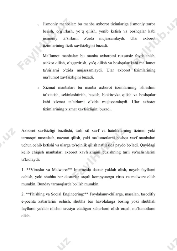 i buzishning turli yo'nalishlarini ta'kidlaydi: 1. **viruslar va malware:** internetda dastur yuklab olish, noyob fayllarni ochish, yoki shubha bar dasturlar orqali kompyuterga virus va malware olish mumkin. bunday tarmoqlarda bo'lish mumkin. 2. **phishing va social engineering:** foydalanuvchilarga, masalan, tasodifiy e-pochta xabarlarini ochish, shubha bar havolalarga bosing yoki shubhali fayllarni yuklab olishni tavsiya etadigan xabarlarni olish orqali ma'lumotlarni olish. 3. **hackerlar va cybercriminals:** hackerlar va sazovorlar ma'lumotlarni olish uchun qirg'inchilik va exploitlar (xavfli dasturlar) ishlatishadi. bunaqa salb qilishlar tarmoq nusxalari yoki serverlarni nusxalash orqali bo'ladi. 4. **ddos serqoblar:** katta tarmoqlarga, serverlarga yoki veb-saytlarga juda ko'p so'rovlar jo'natilishi orqali tarmoqlarni yengish uchun doimiy vaqtincha xavf yaratish. 5. **fizikavi xavf:** tizimlar va serverlar fizikavi ravishda xavf qilinishi mumkin. masalan, tizimni olish, serverni fizikavi ravishda buzish yoki ta'minlashni olish. 6. **ma'lumotni yo'qotish va buzish:** xavfsizlikni buzishda ma'lumotlarni yo'qotish va buzish shu jumladan tarqalgan mahsulotlarni yoki texnologiyalarni ishlatish orqali paydo bo'ladi. tahdidlarning kelib chiqishi uchun …