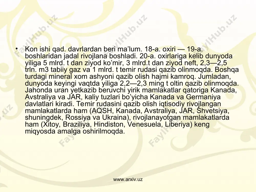 entini qiymatidan kelib chiqib, ochiq kon ishlarini olib borish chegaralari belgilanadi. chegaraviy qoplanish koeffitsientini shuningdek «yul qo’yilgan», «iqtisodiy» va «kritik» deb ham atash mumkin. www.arxiv.uz www.arxiv.uz o’rtacha qoplanish koeffitsienti – karer tugal konturidagi yoki uning bir qismidagi qoplovchi tog’ jinslari hajmi ning xuddi shu konturdagi foydali qazilma zahirasi ga nisbatidir. www.arxiv.uz www.arxiv.uz www.arxiv.uz www.arxiv.uz joriy qoplanish koeffitsienti – ma’lum vaqt davomida (oy, kvartal, yil) massivdan ag’darmaga siljitilgan qoplovchi tog’ jinslari hajmi ning shu vaqt davomida amalda qazib olingan foydali qazilma hajmi ga nisbatidir. www.arxiv.uz www.arxiv.uz qatlamli qoplanish koeffitsienti –karer qatlami chegarasidagi qoplovchi tog’ jinsi hajmi ning shu qatlamdagi foydali qazilma zahirasi ga nisbatidir. ekspluatatsion qoplanish koeffitsienti – karerning ekspluatatsion ishlari davridagi o’rtacha qoplanish koeffitsientidir. ushbu koeffitsient kon ishlarini rejalashtirish va ekspluatatsiya davri uchun zarur bo’lgan kon-transport jihozlari sonini hisoblash uchun xizmat qiladi. www.arxiv.uz www.arxiv.uz ekspluatatsion qoplanish koeffitsienti - ekspluatatsiya etish jarayonida ochish ishlaridan hosil bo’lgan qoplovchi tog’ jinslari hajmining shu …