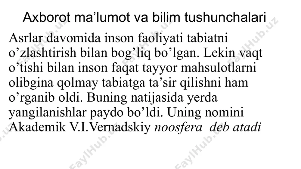 afsil ko‘rib chiqamiz: iqtisodiyot ta’lim sog‘liqni saqlash siyosat va davlat boshqaruvi ijtimoiy hayot va madaniyat huquq va adliya tizimi fan va texnologiya atrof-muhit va ekologiya 1. iqtisodiyot axborot iqtisodiy qarorlar qabul qilishda asosiy omil hisoblanadi. moliyaviy ma’lumotlar, bozordagi tendensiyalar va iqtisodiy ko‘rsatkichlar kompaniyalar va tadbirkorlar tomonidan strategiyalar ishlab chiqishda keng qo‘llaniladi. axborot texnologiyalarining rivojlanishi yangi biznes-modellar va xizmatlar, masalan, elektron tijorat, onlayn bank xizmatlari va raqamli marketing imkoniyatlarini yaratdi. raqamli iqtisodiyotda axborot raqamli aktiv sifatida qaralib, iqtisodiy o‘sishga hissa qo‘shadi. 2. ta’lim axborot ta’lim tizimini zamonaviylashtirishda va sifatini oshirishda katta ahamiyatga ega. internet orqali ta’lim resurslari, elektron darsliklar, videodarslar va boshqa axborot manbalari talabalar va o‘qituvchilar uchun ochiq bo‘lib, ta’limni keng qamrovli qiladi. onlayn ta’lim va masofaviy o‘qitish axborot texnologiyalari yordamida yangi bosqichga ko‘tarildi, bu esa ta’lim olish imkoniyatlarini kengaytirdi. axborot ta’lim muassasalari va o‘qituvchilar uchun ham o‘zaro tajriba almashish va rivojlanish uchun qulay sharoit yaratadi. 3. sog‘liqni saqlash sog‘liqni …