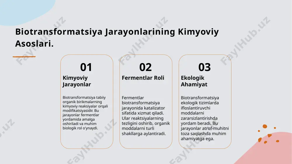 diversitetni saqlab qoladi, chunki bu jarayonlar turli organizmlarning hayot faoliyati va rivojlanishiga yordam beradi. atrof-muhitga ta'sir qiluvchi biotransformatsiya omillari. biologik omillar biotransformatsiyaga mikroorganizmlar, o'simliklar va hayvonlarning ishtiroki ta'sir qiladi. ular turli kimyoviy moddalarni o'zlashtirib, o'zgarishlarni amalga oshiradi. fizik omillar harorat va yorug'lik biotransformatsiyaga ta'sir qiluvchi asosiy fizik omillardir. ular fermentlar faoliyatini tezlashtiradi yoki sekinlashtiradi. kimyoviy omillar ph va tuz konsentratsiyasi biotransformatsiya jarayonlariga ta'sir qiladi. ular kimyoviy reaksiyalarning o'tishini o'zgartirishi mumkin. ekologik omillar iqlim va tuproq tarkibi biotransformatsiya jarayonlariga katta ta'sir o'tkazadi. ular biologik tizimlarning o'zgarishini boshqaradi. biotransformatsiya va ekologik barqarorlik. biotransformatsiya ahamiyati biotransformatsiya tabiiy organik birikmalarni parchalash orqali ekologik barqarorlikni saqlaydi, atrof-muhitdagi ifloslantiruvchi moddalarni kamaytiradi va tabiiy muvozanatni mustahkamlaydi. genetik moslashuv biotransformatsiya jarayonida organizmlar genetik o'zgarishlarga moslashadi, bu esa ularning ekologik sharoitlarga chidamliligini oshiradi va barqarorlikka hissa qo'shadi. ekologik ko'mak biotransformatsiya ekologik tizimlarni qo'llab-quvvatlaydi, tuproq unumdorligini oshiradi va suv havzalaridagi ifloslanishni kamaytiradi, barqaror ekologik muhit yaratadi. tabiiy organik birikmalar: atrof-muhitdagi …
