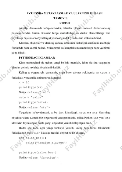 python metaklasslar va ularning ishlash tamoyili — DOCX