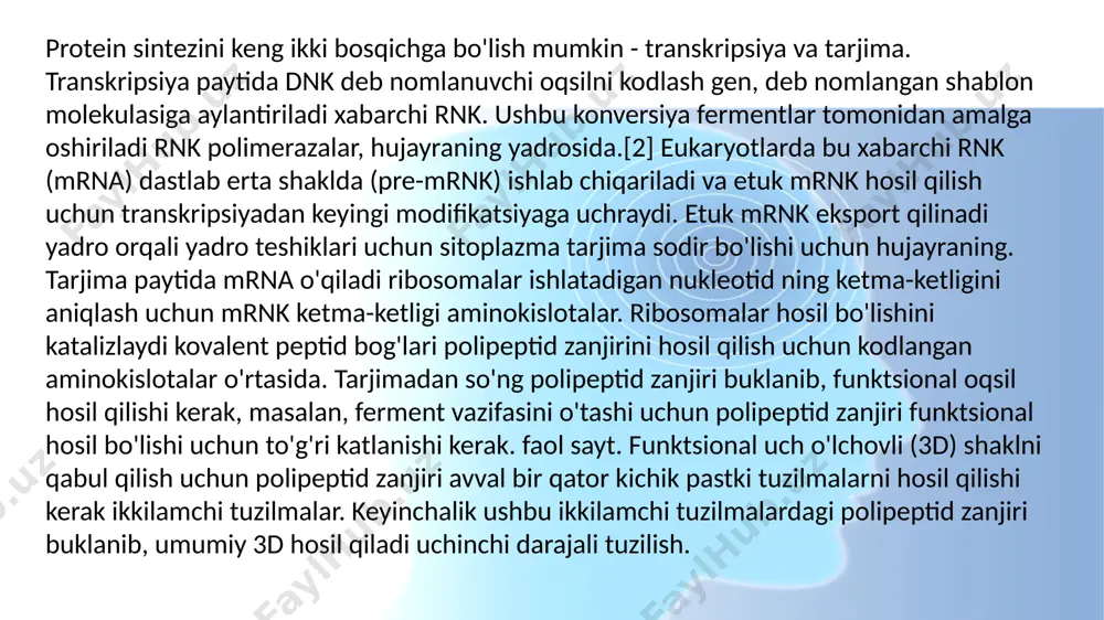 laydigan kodlash zanjiri va 3 'dan 5' gacha bo'lgan bepul shablon zanjiri bilan dnk molekulasining ichki yo'nalishini tasvirlaydi. dastlab, a deb nomlanuvchi ferment helikaz dnk molekulasiga ta'sir qiladi. dnkda an bor antiparallel, ikkitadan tashkil topgan ikki tomonlama spiral tuzilishi, bir-birini to'ldiruvchi polinukleotid tomonidan ushlab turilgan iplar vodorod aloqalari tayanch juftliklari orasida. glikaza vodorod aloqalarini buzadi, dnkning - genga mos keladigan - bo'shashishini keltirib chiqaradi, dnkning ikkita zanjirini ajratadi va bir qator asoslarni ochib beradi. dnk juft zanjirli molekula bo'lishiga qaramay, faqat bitta ip mrnk sintezi uchun shablon vazifasini bajaradi - bu zanjir shablon zanjiri sifatida tanilgan. boshqa dnk zanjiri (ya'ni bir-birini to'ldiruvchi andozalar qatoriga) kodlash satri sifatida tanilgan. ham dnk, ham rnk ichki xususiyatga ega yo'nalish, ya'ni molekulaning ikkita aniq uchi bor. yo'nalishning bu xususiyati pentoz shakarning bir tomonida fosfat guruhi, ikkinchisida asos bo'lgan nosimmetrik asosdagi nukleotid subbirliklariga bog'liq. pentoz shakaridagi beshta uglerod 1 'dan (bu erda' asosiy degani) 5 …