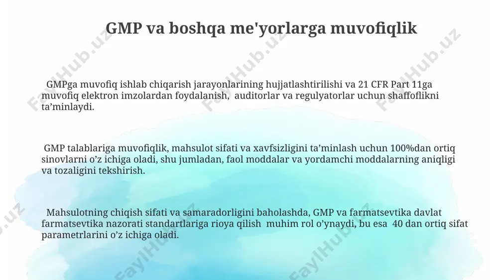 aniqligi va samaradorligini ko'rsatadi. laboratoriya uskunalari va usullari titrlash usuli yordamida faol moddaning konsentrasiyasi aniqlanadi, bu esa 98-102% oralig‘ida bo‘lishi kerakligini nazorat qilish imkonini beradi. hplc uskunasi yordamida dorilar tarkibidagi 0,1% dan kam miqdordagi iflosliklarni aniqlash mumkin, bu esa mahsulot sifati nazoratini ta'minlaydi. mikroskopik tahlil orqali 100 mikrometrdan kichik zarrachalarni aniqlash va ularning miqdorini aniqlash mumkin, bu esa dorilarning tozaligini tekshirishga imkon beradi. noqulayliklarni tahlil qilish va oldini olish noqulayliklarni oldini olish uchun, xomashyo sifatini nazorat qilish va xatarlarni baholash matritsasi yordamida 15 ta potentsial xavf omilini aniqlab, ularga nisbatan profilaktik choralar ko'riladi. noqulayliklarni tahlil qilishda, 5 ta asosiy jarayonni o'rganish orqali, 80% dan ortiq muammolarni aniqlash va samarali oldini olish mumkin. bu esa, iso 9001 standartlari talablariga javob beradi. mahsulot sifatini nazorat qilishda, 10% dan kamroq nuqsonlarga ega bo'lish maqsadi bilan, statistik jarayon nazorati (spc) usullari va pareto tahlili qo'llaniladi. sifatni ta'minlash tizimlari sifatni ta'minlash tizimlari gmp (yaxshi ishlab …
