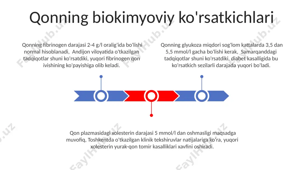 atologik tekshiruvlar natijalarida tasdiqlangan. qon plazmasining tarkibi va xususiyatlari qon plazmasining yopishqoqligi 1,5 dan 2,0 pa·s gacha o'zgarib turadi va bu qiymat yosh, jinsi va sog'liq holatiga, masalan, toshkent shahrida yashash sharoitlariga bog'liq. qon plazmasining tarkibida 90% suv, 7% oqsillar (albümin, globulin, fibrinogen) va 3% boshqa moddalar (glyukoza, elektrolitlar, gormonlar) mavjud bo'lib, bu samarqand viloyati aholisida o'rganilgan. plazmadagi elektrolitlar balansi (natriy, kaliy, xlor) organizmdagi suv muvozanatini saqlashda muhim rol o'ynaydi va bu ko'rsatkichlarning o'zgarishi farg'ona vodiysida kuzatilgan kasalliklar bilan bog'liq bo'lishi mumkin. qon guruhlari va rh-faktor o'zbekistonda tug'ma gemolitik kasallikning oldini olish uchun homilador ayollarning 85% dan ortig'ida rh-faktor tekshiruvi o'tkaziladi, bu esa onaning va homilaning qon guruhlarini mos kelmasligidan kelib chiqadigan xavflarni kamaytirishga yordam beradi. qon guruhlari (a, b, ab, 0)ning tarqalishi o'zbekistonning turli hududlarida, masalan, farg'ona vodiysida va qoraqalpog'iston respublikasida, sezilarli darajada farq qilishi mumkin, bu genetik omillar va populyatsiyalararo aralashuv bilan bog'liq. rh-manfiy qon guruhiga ega bo'lgan …