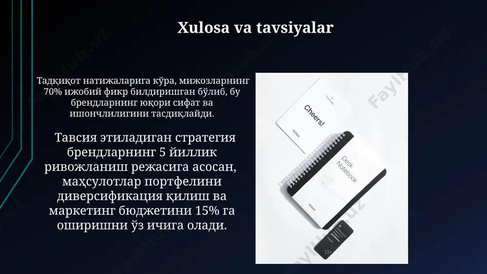 , bu esa sifatli mahsulot va xizmatlar, samarali marketing strategiyalari va faol mijozlar bilan aloqa natijasidir. brendning kuchli tomonlari, masalan, yuqori sifat (90% mijozlarning ijobiy fikrlari), noyob dizayn va innovatsion texnologiyalar yordamida 5 yil ichida bozor ulushini 25% ga oshirdi. brend portfelini optimallashtirish brend portfeli tarkibini tahlil qilishda, har bir brendning bozor ulushi va rentabellik ko'rsatkichlarini (masalan, roi – 15% dan kam) solishtirish orqali strategik qarorlar qabul qilish mumkin. brend portfelini optimallashtirishda, 3 dan ortiq past daromad keltiruvchi brendlar mavjud bo'lsa, ularni qayta baholash va potentsial ravishda tugatish yoki qayta yo'naltirish kerak. brend qiymatini oshirish brend qiymatini 10-15% ga oshirish uchun raqobatdosh afzalliklarni aniqlash va ularni kompaniya strategiyasiga integratsiya qilish, mahsulot sifatini yaxshilash va marketing kampaniyalarining samaradorligini kuchaytirish muhim ahamiyatga ega. brend portfeli doirasida 20% dan ortiq mahsulotlarning yuqori talabga ega bo'lgan segmentlarga yo'naltirilishi brendning umumiy qiymatini sezilarli darajada oshiradi, bu esa marketing xarajatlarining 15% ga kamayishiga olib keladi. e'tiboringiz …