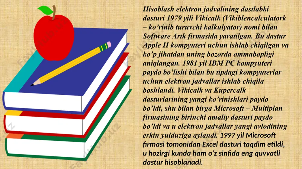 ’i. agar bir necha ishchi kitob ochilgan bo’lsa, u holda fayl menyusida «hammasini yopish» buyrug’i chiqariladi. ishchi kitobini yopish – «fayl» menyusidan «yopish» buyrug’i. agar bir necha ishchi kitob ochilgan bo’lsa, u holda fayl menyusida «hammasini yopish» buyrug’i chiqariladi. ish varag’i; diogramma varag’i; visual basic tipidagi modul varag’i; muloqotlar varag’i. varaqlar nomlari ishchi kitobi oynasining pastki qismidagi darchada chiqadi. varaqdan varaqqa ko’chirish – «sichqoncha» kursorini kerakli varaq nomiga keltirib, chap tugmasini bosish bilan bajariladi. faol varaqning yarligida varaq nomi yarim qalin shrift bilan ajratiladi. ishchi varaqlar bilan ishlash uslublari: a) 1-varaqni joylash «joylash» menyusida ishchi varaq buyrug’i shift+f1 tugmalari. b) varaqni o’chirish – 1 – varaq yoki varaqlarni tanlash, o’chiriladigan varaq ustida shift+, agar qo’shni bo’lmagan varaqlar bo’lsa, o’chiriladigan varaqlar ustida ctrl+ ni bosish kifoya. "to’g’rilash” menyusidagi varaqni o’chiris buyrug’i. c) varaqlarni qayta nomilash. "format” menyusida "varaq” buyrug’ini tanlash, so’ng qayta nomlash, varaq nomi maydoniga yangi nomni yozish, darcha ikki …