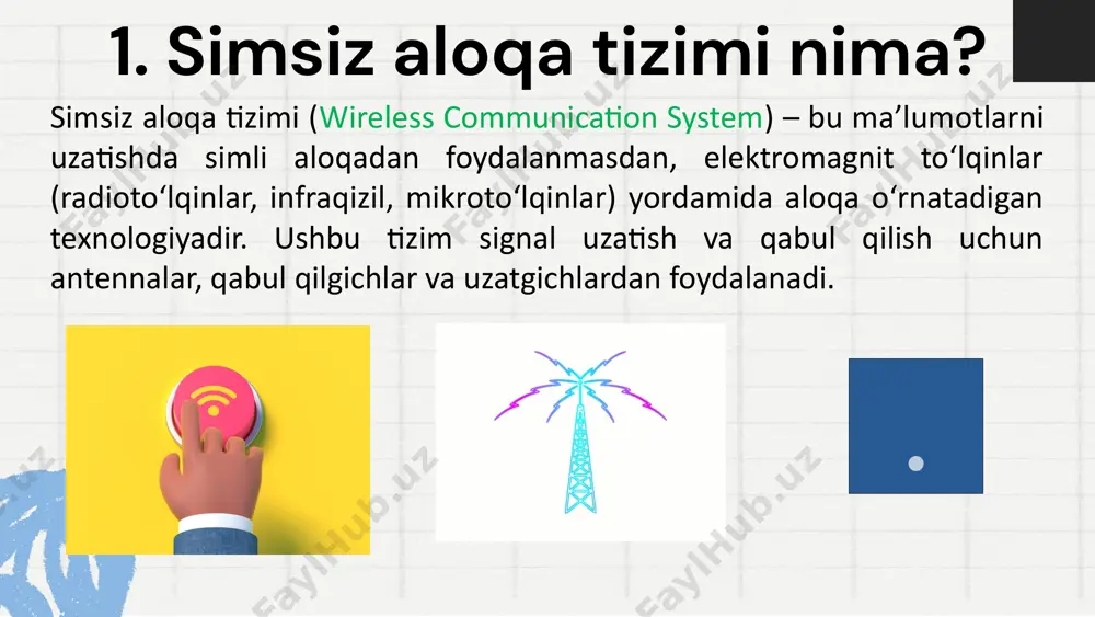 sizligini ta’minlash bo‘yicha xalqaro tashkilotlar bilan hamkorlik qilinmoqda. masalan, cert (computer emergency response team) tizimi joriy etilgan. 1. axborot xavfsizligi bo‘yicha targ‘ibot ishlari olib borilmoqda. 2. yosh mutaxassislarni axborot texnologiyalari va kiberxavfsizlik sohasida o‘qitish dasturlari joriy etilgan. normativ-huquqiy bazaning yaratilishi: mobil aloqa va internet xavfsizligi: xalqaro hamkorlik: oav va ta’lim orqali xabardorlik: xulosa simsiz aloqa tizimlari bugungi kunda axborot uzatishning eng samarali va keng qo‘llaniladigan texnologiyalaridan biridir. uning rivojlanishi insoniyat uchun ulkan imkoniyatlar yaratgan bo‘lsa-da, xavfsizlik va axborotni himoyalash muammolarini ham yuzaga keltirdi. umumiy maqsad – simsiz aloqa tizimlarida uzatilayotgan axborotning maxfiyligini, yaxlitligini va mavjudligini ta’minlashdir. himoyalanmagan axborot resurslari firibgarlik, noqonuniy foydalanish va jiddiy iqtisodiy yo‘qotishlarga olib kelishi mumkin. shuning uchun kuchli shifrlash texnologiyalari, xavfsizlik protokollari va zamonaviy kiberxavfsizlik choralarini qo‘llash zarur. kelajakda texnologik yutuqlar bilan birgalikda axborot xavfsizligini ta’minlash yanada takomillashadi va simsiz aloqa tizimlari orqali axborot uzatish ishonchli, samarali hamda xavfsiz bo‘lib qoladi. e’tiboringiz uchun rahmat ! this …