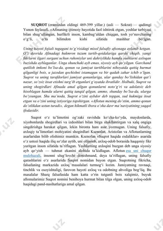 larini eley shahrida o‘tkazgan. tarixchi diogen laertskiyning yozishicha, ksenofan «tabiat haqida» asarining muallifidir. afsuski, ushbu asarning yarmigina omon qolgan, xolos. u ko‘pxudolikka hamda insonlarga xos sifatlarni hayvonlarga, o‘simlik dunyosiga daxldor deb biluvchi ta’limotga qarshi chiqib, mifologiyani rad etishga harakat qilgan. uning falsafiy ta’limotiga ko‘ra, tabiat - o‘zgarmas va harakatsizdir, «hamma narsa erdan unib chiqadi va pirovardida yana erga qaytadi». biz hammamiz erdan tug‘ilganmiz va erga aylanamiz». ksenofan qadimgi yunon faylasuflaridan birinchi bo‘lib, bilishning imkoniyati va chegarasi haqida fikr yuritgan. bu qadimgi yunon gnoseologiyasining rivojiga turtki bo‘ldi. ksenofan ilgari surgan g‘oyalar uning shogirdi eley falsafiy maktabining ko‘zga ko‘ringan namoyandalaridan biri, eramizdan avvalgi 504 yili tug‘ilgan parmenid tomonidan rivojlantirilgan. eley falsafiy maktabining namoyandalaridan biri parmenidning shogirdi va do‘sti zenon (490-430 yillar) o‘z ustozining ta’limotini himoya qildi va uni rivojlantirdi. qadimgi yunon madaniyatida sofistlar falsafasi katta o‘rin tutadi. sofistlar antropologiya (inson haqidagi fan) va gnoseologiya (bilish to‘g‘risidagi fan) muammolari bilan shug‘ullangan. sofistlar yangi …