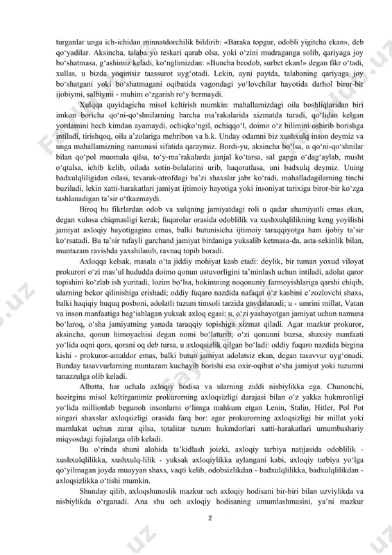 mini bildiradi. axloqni umumiy tushuncha sifatida olib, uni doira shaklida aks ettiradigan bo‘lsak, doiraning eng kichik qismini odob, undan kattaroq qismini - xulq, eng qamrovli qismini axloq egallaydi. odob - inson haqida yoqimli taassurot uyg‘otadigan, lekin jamoa, jamiyat va insoniyat hayotida burilish yasaydigan darajada muhim ahamiyatga ega bo‘lmaydigan, milliy urf-odatlarga asoslangan chiroyli xatti-harakatlarni o‘z ichiga oladi. xulq - oila, jamoa, mahalla-ko‘y miqyosida ahamiyatli bo‘lgan, ammo jamiyat va insoniyat hayotiga sezilarli ta’sir ko‘rsatmaydigan yoqimli insoniy xatti-harakatlarning majmui. axloq - jamiyat, zamon, insoniyat tarixi uchun namuna bo‘la oladigan ijobiy xatti-harakatlar yig‘indisi, insoniy kamolot darajasini belgilovchi ma’naviy hodisa. bu fikrlarimizni misollar orqali tushuntirishga harakat qilamiz. deylik, metroda yoshgina yigit, talaba hamma qatori o‘tiribdi. navbatdagi bekatdan bir keksa kishi chiqib, uning ro‘parasida tik turib qoldi. agar talaba darhol: «o‘tiring, otaxon!» deb joy bo‘shatsa, u chiroyli a’mol qilgan bo‘ladi va bu a’moli bilan atrofdagilarda yaxshi kayfiyat uyg‘otadi; chetdan qarab turganlar unga ich-ichidan minnatdorchilik bildirib: «baraka …