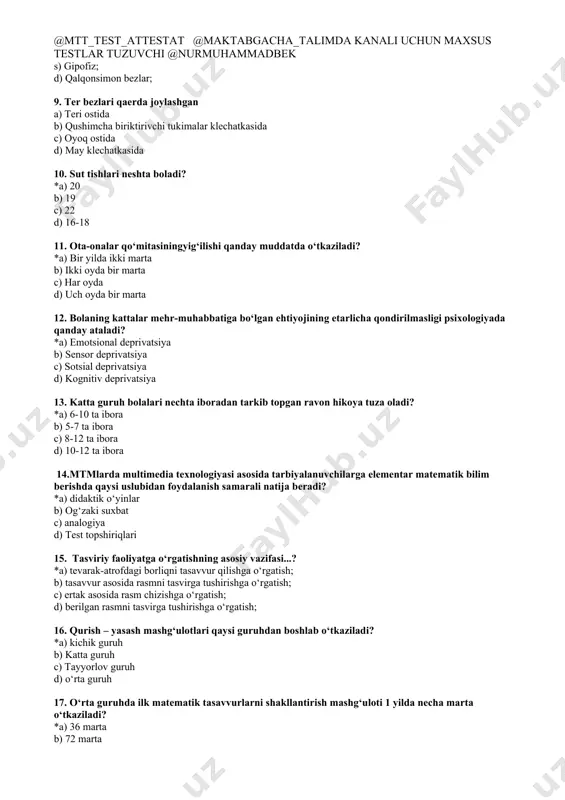 anglatadi 4. l.i.bojovich shaxs kamol topishini yosh davrlarga bo‘lishda qaysi omilni asosiy deb biladi? *a) ontogenetik tamoyil b) faoliyat c) motiv d) inqiroz 5. maktabgacha yoshdagi bolalar jamoasining asosiy ishtirokchilari kimlar? *a) tarbiyachi, tarbiyalanuvchi b) bola va ona c) ota va ona d) bolalar 6. ot pufagi jigarning qayerida joylashgan va uning qanday bolimlari ajratiladi *a) ong bulagida joylashgan, tubi, tanasi, buyini ajratiladi b) char bulimida joylashgan, boshi, tanasi, tomiri, ajratiladi c) ong bulagida joylashgan boshi d) ortasida joylashgan bashlangich bolimi, asosiy bolimi 7. bola shaxsini ta’limga psixologik tayyorgarligi deganda nimalar nazarda tutiladi? *a) bolaning ob’ektiv va sub’ektiv jihatdan maktab talabiga tayyorligi b) muayyan reja asosida tartibli ko‘p qirrali maqsadga yo‘naltirilgan o‘zaro mantiqiy bog‘liqlik c) maktabda o‘qish hohishi, intilishi, katta yoshdagi odamlar bilan muloqotga kirishishi d) bolaning idrokining o‘tkirligi, ravshanligi diqqat xususiyatlarini rivojlanishi 8. ichki sekretsiya bezlariga xos emas? *a) ter bezlar; b) epifiz; s) gipofiz; d) qalqonsimon bezlar; 9. …