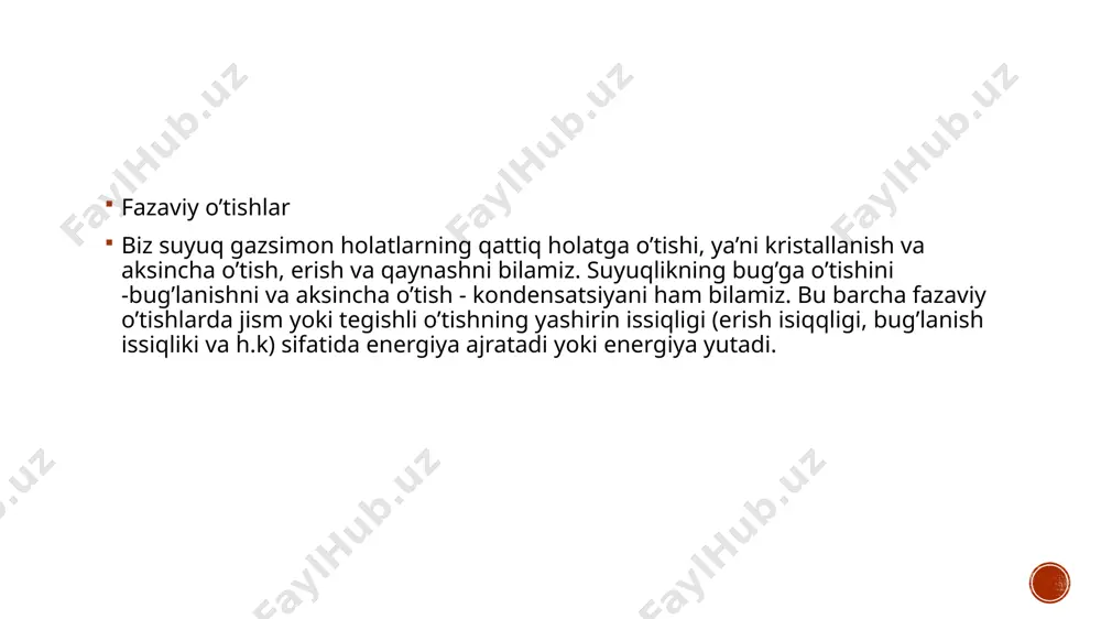 uchun yuqori kuchlanishlarda namoyon boʻladi. agar material o. xususiyatiga ega boʻlmasa, unga shartli o. chegarasi qoʻyiladi (bu namuna uzunligini 0,2% uzaytiradigan nagruzka vujudga keltiradigan kuchlanishga teng). metallarni qizdirib hamda sovuklayin bosim bilan ishlashda o. xossasidan foydalaniladi. [ deformatsiyani o’lchash usuli qanchalik aniq bo’lsa, a nuqta shunchalik past turadi. texnik o’lchashlarda namuna uzunligining yoki boshqa o’lchamining 0,2 protsentiga teng qoldiq deformatsiya hosil qiladigan kuchlanish xarakteristikasi qabul qilingan, bu xarakteristika oquvchanlik chegarasi deb ataladi va σo yoki σoq bilan belgilanadi. suyuqlanish – moddaning qattiq kristall holatdan suyuq holatga utishi; issiqlik yutilishi bilan kechadigan jarayon. suyuqlanayotgan moddaning tarkibi oʻzgarmasa kongurent suyuqlanish, oʻzgarsa inkongurent suyuqlanish deyiladi. suyuqlanish jarayonida moddaning tartibli kristall tuzilishi buziladi, kristallar yuzasida va kristallitlarning oʻzaro chegaralari yaqinida suyuq mikrotomchilar paydo boʻladi. qizdirilgan sayin bu mikrotomchilar yiriklashadi va bir-biriga quyilib, suyuq faza boʻlib shakllanadi, kristallar esa fragmentlar shakliga oʻtib to toʻliq yoʻqolgunga qadar oʻlchamlari kichiklashadi. mayda kristall polidispers moddalarning suyuq holatga oʻtishi …