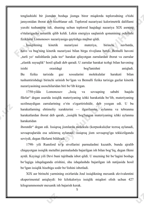 ini aniqlash uchun ularni tashkil qiluvchi ayrim molekulalarning xarakterini emas, balki ulaming jami harakati tufayli hosil bo‘ladigan o‘rtacha natijaviy kattaliklami bilish muhim ahamiyatga ega. xudda ana shu natijani molekulyar- kinetik nazariya yordamida o‘rganish mumkin. modda tuzilishining molekulyar-kinetik nazariyasi quyidagi uchta qoidaga asoslanadi: 1. barcha moddalar molekulalararo oraliqqa ega bo'lgan molekulalardan tashkil topgan; molekulalar o ‘z navbatida atomlardan tashkil topgan. 2. molekulalar har doim uzluksiz tartibsiz (xaotik) harakatda bo ‘ladi. 3. molekulalar orasida hardoim tortishish va itarishish kuchlari mavjud bo ‘ladi. bu kuchlar molekulalar oralig'iga keskin bog‘liqdir. molekulalar oraliqlari juda kichik bo jganda itarishish kuchi juda katta bo‘ladi; molekulalar bir-birlaridan uzoqlashganda esa bu kuchlar kamayib, ular orasida tortishish kuchi ortadi. mavjud bo’igan bu kuchlar elektromagnit tabiatga ega bo ‘ladi. molekula—moddani tashkil etuvchi zarra bo'lib, u o‘zida shu moddaning asosiy xossalarini saqlovchi mustaqil eng kuchik bo ‘lakchadir. har xil atomlardan tashkil topgan molekulalar turli xossaga ega bo‘lgan moddalami hosil qiladi. atom va …