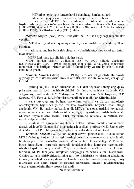 yoki ishlatishga tayyorlash uchun raateriaini oldiga keltiriladigan mashinalar kiradi. stasionar-ko’chib yuruvchi agregatlar texnologik operasiyalarni bajarishiga ko’ra bir uchastkadan boshqa uchastkaga siljitib (yurgizib) o’tkaziladi. bularga yuklagichlar, dala kanof tozalagichlar, ko’sak chuvigichlar va x. k. lar kiradi. oddiy agregat bitta texnologik operasiyani (masalan, er haydash, boronalash va x. k.) bajarishiga mo’ljallanadi. u bitta yoki bir nechta bir xil mashinadan tuzilgan bo’iishi mumkin. kompleks agregat turli xil qishloq xo’jalik mashinalarni o’ziga birlashtirib bir nechta texnologik operatsiyalarni bajarishda foydalaniladi (masalan, chizellash) mineral o’g’itlash va boronalash yoki kultivatsiya va go’zani chekankalash (chilellash). universal agregat - ozroq qayta rostlash bilan turli xil o’simliklarda (paxta, jo’xori, sorgo) yoki ular har xil qator oralariga ega bo’lganda (masalan 60-90 sm. li qator oraliqda ekish, kultivasiya qilish) texnologik operasiyalarni bajarishda ishlatiladi. universal agregatlardan foydalanish xo’jaliklarning qishloq mashinalarga bo’lgan talabini kamaytirib ularning yuklanish bilai ishlashini oshiradi. bularning barchasi ulardan foydalanish harajatlarini keskin pasaytiradi. kombayn agregat ham shuningdek bir necha texnologik operasiyalarni …