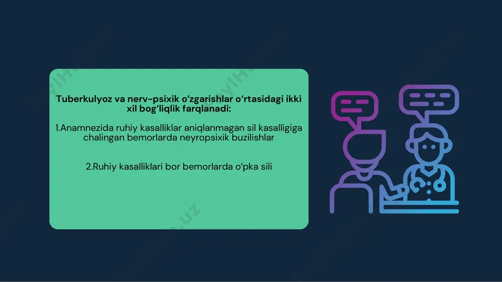 qining buzilishi tufayli immunitetning pasayishiga etiborni jalb etish lozim. shuningdek, ruxiy kasallik mnt ning immun tizimini boshqarishdagi rolini susaytirishini ta’kidlab o‘tish lozim. wardiere medical k a s a l l i k k l i n i k k e c h i s h i ruxiy kasllik ko‘p hollarda birinchi hisoblanadi va uning zaminida tuberukulyoz rivojlanadi. agar tuberkulyoz bemorida ruxiy kasallik paydo bo‘lsa tuberkulyozning kechishi og‘irlashadi. kamdan kam ruxiy kasallik va tuberkulyoz bir vaqtda aniqlanadi. simptompsiz boshlanadi 60-70 % bemorlar bk + kazeozli pnevmoniya:oʻpkadan qon ketish va oʻpka yurak yetishmovchiligi asorati bilan kechadi 80 % hollarda oʻpka yemirilish boʻshliqlari aniqlanadi wardiere medical m e d i c a l p r e s e n t a t i o n t e m p l a t e klinik kechishi apatik, harakatsiz, depressiyadagi ruxiy bemorlarda tuberulyoz o‘tkir kechadi. faol, harakatchan bemorlarda tuberkulyoz nisbatan torpid va biroz engil kechadi. …