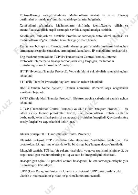 ilganda, har bir paket uchun tasdiqlash (ack) ishlatiladi. agar paket yo‘qolsa yoki xato bo‘lsa, u qayta yuboriladi. bu ishonchli uzatishni ta'minlaydi. udp: udp ma'lumotlar yetib borishini tasdiqlamaydi, shuning uchun paketlar yo‘qolishi yoki xato bo‘lishi mumkin. bu esa uzatishning ishonchsizligini anglatadi. uzatuvchi va qabul qiluvchi o‘rtasidagi aloqalar tcp: uzatishdan oldin aloqaning o‘rnatilishi kerak (3 qadamli qo‘lqarsiz aloqa - three-way handshake). bu aloqaning ishonchli ekanligini ta'minlaydi. udp: udp aloqaning o‘rnatilishi shart emas. ma'lumotlar to‘g‘ridan-to‘g‘ri uzatiladi. ishlash tezligi tcp: tcp ko‘proq tarmoq resurslarini talab qiladi, chunki har bir paketni tekshirish, tasdiqlash va qayta yuborish zarur. bu ish faoliyatini sekinlashtirishi mumkin. udp: udp tezroq ishlaydi, chunki hech qanday aloqani o‘rnatish, paketlarni tasdiqlash yoki qayta uzatish talab qilinmaydi. qo‘llanish sohalari: tcp: ishonchlilikni talab qiladigan tizimlar: masalan, veb-saytlar (http/https), elektron pochta (smtp), fayl uzatish (ftp), masofaviy aloqalar (ssh). kattaroq tarmoq yuklari: tcp ish faoliyatining sekinligi katta hajmdagi ma'lumotlar uzatilganda muammo bo‘lmasligi kerak. udp: tezlik va samaradorlikni …