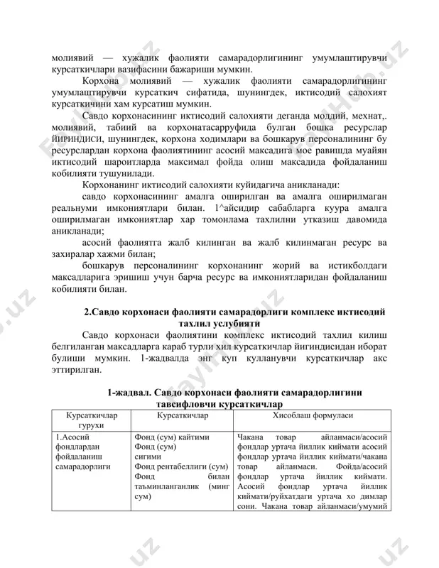 аражатлари. фойда/уртача руйхатдаги ход имлар сони 4.жорий харажатлар самарадорлиги хар 1 иш хакига тугри келувчи товар айланмаси (сум). хаар бир ходимга тугри келувчи фойда (м.с.). хар 1 сум иш хаки харажатларига тугри келувчи фойда (сум). мехнат сигими коэффициенти. муомала чикимлари даражаси (%). харажатлар кайтими (жорий харажатларнинг хар 1 сумига товра айланмаси, сум). жорий харажатлар рентабеллиги (%). капитал куйилмалар самарадорлиги коэффициенти. капитал куйилмаларнинг узини коплаш муддати (йил) савдо корхонаси хужалик фаолияти самарадорлигини бахолашнинг умумлаштирувчи курсаткичи сифатида куйдаги комплекс курсаткичлар кулланиши мумкин: 1.корхона савдо салохиятидан фоидаланиш самарадорлиги курсаткичи эитпқрто/[фзп+(ос+оф) кпривед], эитп —корхона савдо салохиятидан фоидаланиш самарадорлиги; рто —чакана товар айланмаси; фзп —иш хаки жамгармаси; ос — асосий воситаларнинг уртача йиллик киймати; оф — асосий фондларнинг уртача йиллик киймати; кпривед— 0,12 га тенг булган норматив коэффициенти. 2.молиявий фаолият самарадорлиги курсаткичи эфдқвп/[фзп+(ос+оф) кпривед], эфд —молиявий фаолият самарадорлиги курсаткичи; вп —ялпи фойда микдори. ушбу курсаткич ёрдамида савдо корхонаси фаолитининг асосий молиявий натижасига кандай ресурслар юилан …