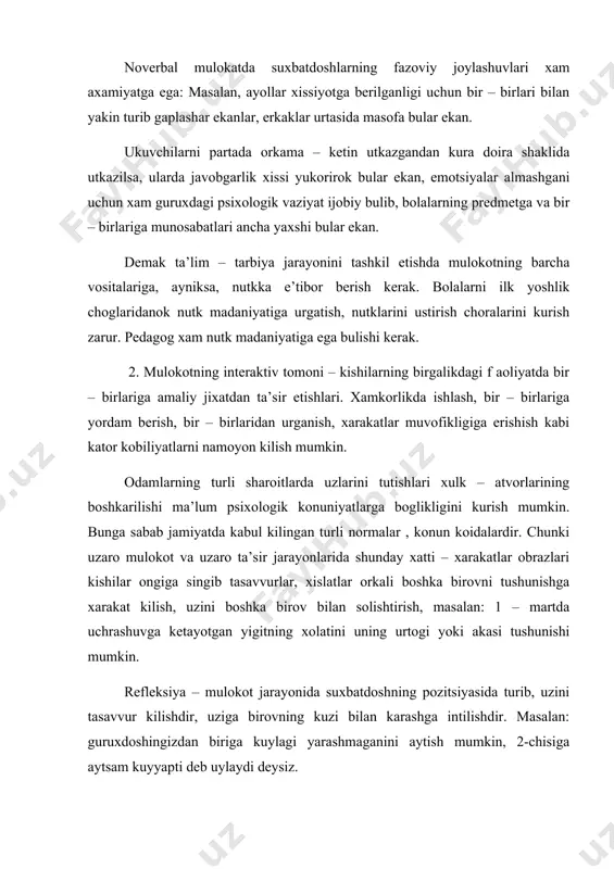 tta. ba’zan kishini tashqi qiyofasidan uning xarakterini aniqlaydi. m: shunday tajriba o‘tkazilgan: talabalarga turli qiyofadagi kishilarning rasmi ko‘rsatilgan, ular iyagi katta kishilar kuchli irodaga ega, peshonasi keng odamlar-aqlli, sochi qattiq odam- qaysar , bo‘yi past odam- xokimiyatga intiluvchi, chiroyli odam- o‘ziga bino qo‘ygan yoki nodon bo‘lishini aytilgan.bular albatta, to‘g‘ri emas. lekin kishilarning ongida avloddan avlodga o‘tib kelayotgan tasavvurlar shunday obrazlarni shakllantirgan. natijada odam xakida tushunchaning shakllanishida u xaqida bo‘lgan ma’lumot katta rol o‘ynaydi.m: bodalyova talabalarning 2 guruxiga 1 odam portretini ko‘rsatib, uni 1-guruxga –jinoyatchi, 1-gurux talabalariga esa olim deb tanishtirgan.1-guruxdagilar uning ko‘zlarini-yovuz, beshavqat desa 2-guruxdagilar uning ko‘zlarini-dono, muloyim deyishgan. odamlarning tashqi qiyofasi, kiyinishi, o‘zini tutishi, xissiy xolati, ovozi, qiliqlari, yurishi va x. k. ishlarining ichida odamning so‘z muloqat manba’i suxbatdoshiga eng ko‘p ma’lumot beradi. odamning bir -birlarini to‘g‘ri anglashlari idrok( asosiy bilish) sohasiga aloqador, bir-birlarini tushunishlari esa ularning tafakkur soxasiga aloqador, murakkab jarayondir. boshqa odamni to‘g‘ri tushungan shaxs uning xissiy …