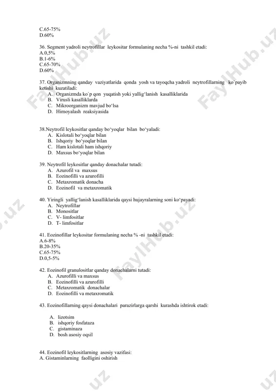 ga bog‘liq: 1. geparin mavjudligi sabapli 1. lizotsim mavjudligi uchun 1. asosiy oqsillari 1. lizosomal fermentlar 55. tuzilishi va vazifasi jihatidan biriktiruvchi to‘qimaning semiz hujayrasiga o‘xshash qon hujayrasini ko‘rsating: 1. neytrofillar 1. limfotsitlar 1. bazofillar 1. monotsitlar 56. qonning qaysi hujayrasi geparin va gistamin sintezlaydi: 1. trombotsitlar 1. monotsitlar 1. limfotsitlar 1. bazofillar 57. leykositlar uchun xos bo‘lmagan belgini ko`rsating: 1. fagotsitozda qatnashadi 1. faol harakatlanadi 1. gumoral va hujayraviy immunitetta qatnashadi 1. kollagen va elastinni sintezlaydi 58. berilgan hujayralarning qaysilari donasiz leykotsitlarga kiradi: a. limfotsitlar va monotsitlar b. neytrofillar va monotsitlar c. eozinofillar va monotsitlar d. monotsitlar va eritrotsitlar 59. donasiz leykositlarga xos bo‘lgan belgini ko`rsating: 1. yadrolari segmentlangan 1. yadrolari segmentlanmagan 1. tsitoplazmasida donachalari 1. parazitlarga qarshi xizmat qiladi 60.limfositlar leykositar formulaning necha % -ni tutadi: a.6-8% b.20-35% c.65-75% d.2-5% 61. yangi tug‘ilgan chaqaloqlarda va kichik bolalarda qanday limfositlar uchraydi: 1. kichik limfotsitlar 1. o‘rtacha limfotsitlar 1. katta …