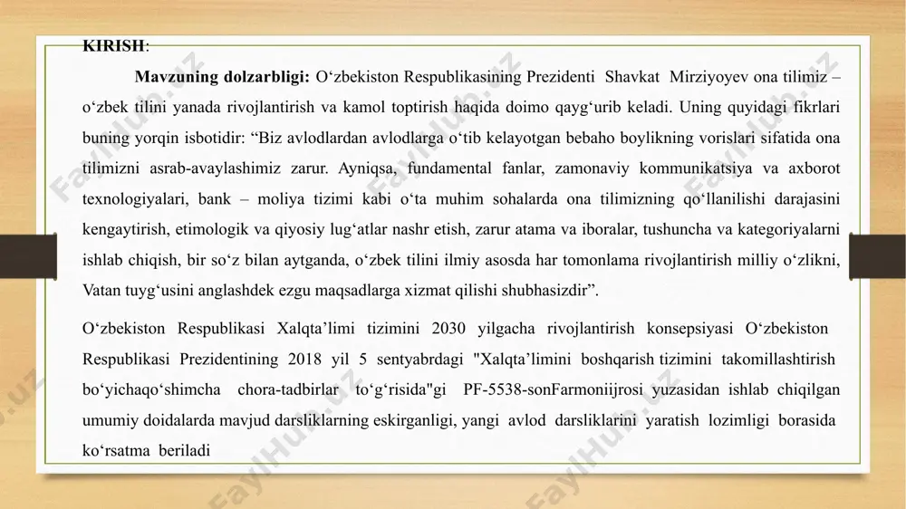 kirganligi, yangi avlod darsliklarini yaratish lozimligi borasida ko‘rsatma beriladi i-bob. bolalarda o‘qish va yozishga bo‘lgan qiziqishini uyg‘otish bolalarni yozish, o‘qish ko‘nikmalarini shakllantirish savodga tayyorlash bo‘yicha o‘tkaziladigan mashg‘ulotlarda savodga o‘rgatish ikki davrga ajratiladi. tayyorgarlik davri asosiy davr (savodga tayyorlash) savodga o‘rgatishning tayyorgarlik davri vazifalari sentyabr, oktyabr oylarida rejalashtiriladi. bu davrda quyidagi ishlar olib boriladi: tovushlarni to‘g‘ri talaffuz etish va so‘zning tovush tarkibi haqidagi tasavvurlarini aniqlash va shakllantirish unli va undosh tovushlar haqida tushuncha berish. jarangli va jarangsiz tovushlarni ajratishga o‘rgatish asosida fonematik idrokni va tasavvurni rivojlantirish oddiy tahlil va sintez qilish ko‘nikmalarinirivojlantirish: a) gapni so‘zlarga bo‘lish, so‘zlarni bo‘g‘inlarga bo‘lish; b) ma’lum tovushlarni o‘rnini aniqlash (so‘zning boshida, o‘rtasida va oxirida); v) so‘zda tovushlar ketma-ketligini va sonini aniqlash; g) tovushlardan bo‘g‘inlar, so‘zlar tuzishga o‘rgatish; d) tovushlarni eshitishda farqlashga o‘rgatish; tayyorlov guruhida nutq, o‘qish va savodga tayyorlash yo‘nalishining savodga o‘rgatish bo‘limining 2- bosqichi - asosiy davrida (oktyabr- may) quyidagi ishlar olib boriladi: 1. berilgan …