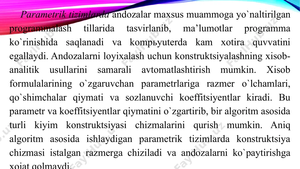 ekin yaxlit buyumni nafaqat standart detallardan tuzish, balki uni sxema, chizma, rasm kabi grafik ma’lumotlarda tasvirlashni ham anglatadi. texnik eskizni konstruktiv modul va konstruktsiya detallari elementlaridan kombinator sintez jarayoni erkaklar sorochkasi, maxsus va firma kiyimlari kabi barqaror assortimentga xos buyumlarni avtomatlashgan loyihalashda muvaffaqiyatli qo`llanmoqda. andazalarni qurishni algoritmlash usuli konstruktiv modellash jarayonini avtomatlashtirish masalasini parametrik asosda hisob-analitik tipdagi ishlar vositasida yechishni ko`zda tutadi. algoritmlash usulida eskiz va konstruktsiya chizmasi muayyan parametrlar va bir qator algoritmlar bo`yicha avtomatik ravishda quriladi. modelь parametrlari (kiyim uzunligi, yeng bichimi, uzunligi, bort kengligi, bemalollik qo`shimchasi va boshqalar) qiymatini o`zgartirish kiyim turli detallari konstruktsiyasini avtomatik tarzda qurish imkonini beradi. biroq har bir yangi kiyim va original konstruktiv yechim uchun yangi algoritmlar zanjirini ishlab chiqish kerak bo`lib, u katta mehnat sarfini talab etadi. alt tanlash mezonlari. zamonaviy tikuvchilik sanoatida alt texnologik jarayonning ajralmas bo`g`inidir. tikuvchilik soxasidagi zamonaviy cad tizimlari soni ko`p bo`lib, ular o`zaro narxi, bajaradigan funktsiyalari, tezligi, …
