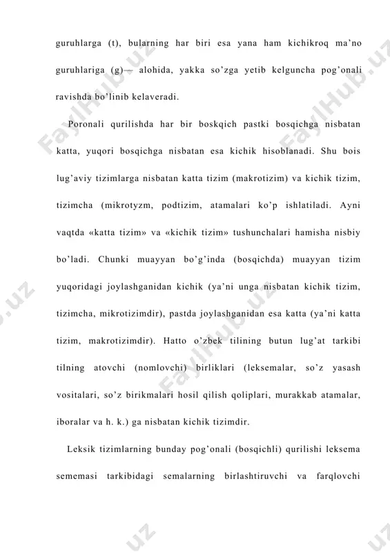 i. bunday guruhlar leksemalarning mazmuniy guruhlari (lmg) deb ataladi. bunday lmg lar o’z birlashtiruvchi semasining nomi, atamasi bilan nomlanadi. masalan, «sezgi a’zolari lmg», «daraxt lmg», «tana a’zolari lmg» va b. vi. turlicha lmglar o’zaro umumiy sema — birlashtiruvchi sema asosida yana ham kattaroq tudalarga, guruhlarga birlashadi. chunonchi, «daraxt», «gul», «o’t», lmg lari birlashtiruvchi «o’simlik» semasi asosida leksemalarning mavzu to’dalariga (lmt) birlashadi. lmtlari o’z ichiga kamida ikkita lmg dan tortib o’ntagacha va o’ndan ortiq lmglarni olishi mumkin. i—vi bandlarda nomlari sanab o’tilgan leksik tizimlar bir turkumga oid leksemalarni o’z tarkibiga oladi. ularning har biri o’z xususiyliklariga ega bo’lsada, ko’pincha ular umumiy atamalar — leksik tizimlar, leksim paradigmalar kabi atamalar bilan ataladi. til va nutq hodisalari, leksema va so’zlar izchillik bilan farqlanmaganda esa so’zlarning lug’aviy paradigmalari, leksik paradigmalar, so’zlarning o’xshashlik qatorlari kabi atamalar bilan ham nomlanib keladi. bir turkumga oid leksemalarni birlashtiruvchi leksik tizimlardan tashqari turli turkumlarga oid bo’lgan, ammo bir mavzu …