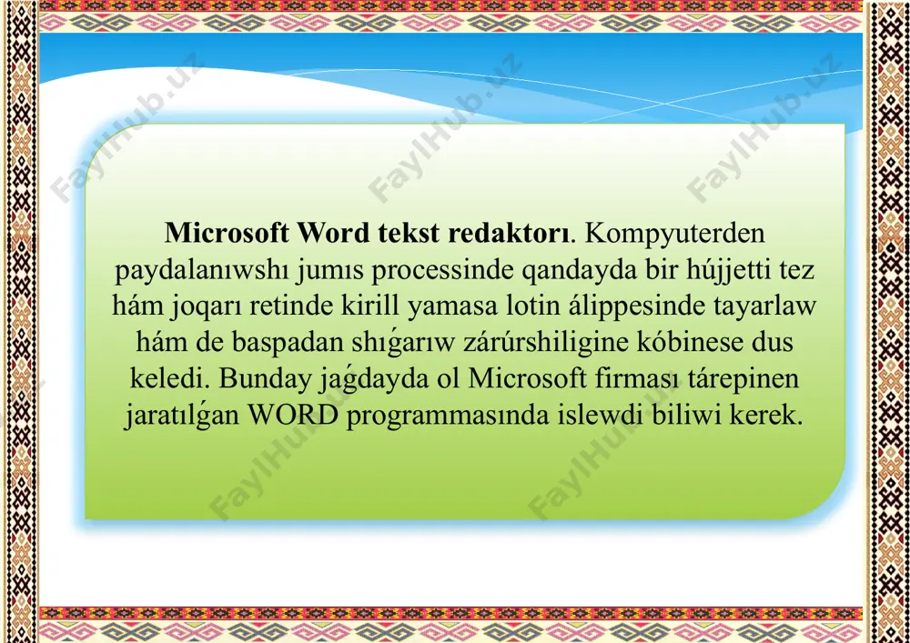 kran daǵı tekstti baspadan shıǵarıwǵa buyrıq beredi. programmadan shıǵıw tómendegi usılda atqarıladı. kórsetkishni sistema menyusı ústine keltirilib, eki ret basıw menen: ayna qosımshasınıń sistema menyusın ashıp hám close buyrıǵın tańlaw menen: paydalanılǵan ádebiyatlar 1. a. jumaboev, n. qurbonov «sistemalı programma támiynatı» páninen lekciyalar teksti. namagan-2004 y. 2. s. a. aripov, sh. r. yusupov, i. r. kamalov" beysik programmalastırıw tili". t.:" sortruz" 1994. 3. s. i. raxmonkulova " ibm pc jeke kompyuterlerinde islew". t.:nmk, " shark-instar" 1996. 4. a. daliev, b. baltaev" informatika hám esaplaw texnikası tiykarlari". t.: 1994 image2.jpeg image3.png /docprops/thumbnail.jpeg