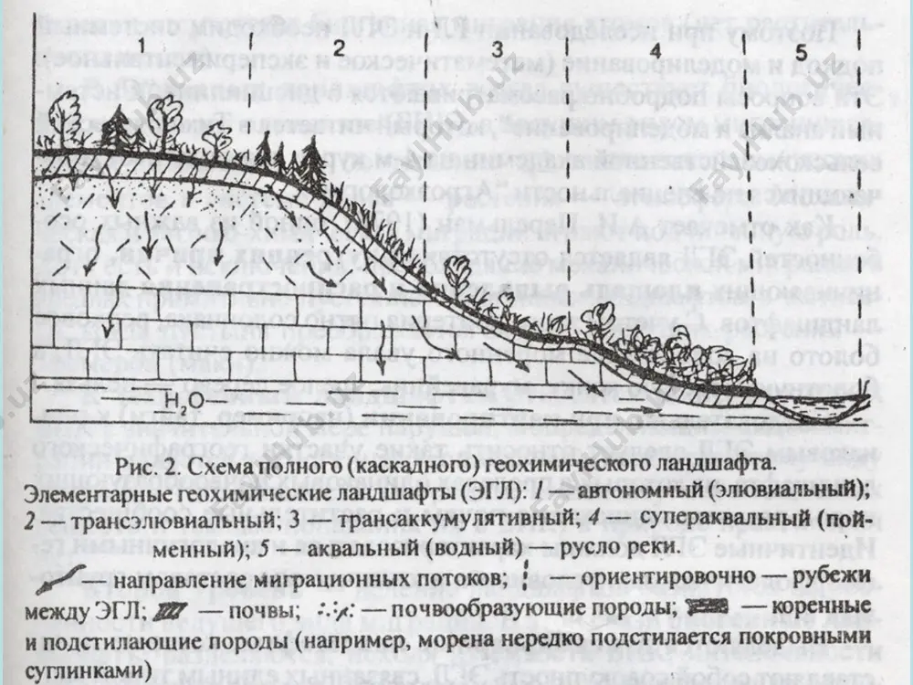 r bilan bogʻlangan fatsiyalar qatori landshaft-geokimyoviy katena, eng oddiy kaskad landshaft-geokimyoviy tizim va boʻlinmas qismni tashkil qiladi. daryo havzasi. hududni eroziyaga qarshi tashkil etish va o'rmon plantatsiyalarini yo'q qilish sxemalari (g. p. surmach, 1976): 1 - tuproq, 2 - lyossimon konlar, 3 - tub jinslar, 4 - qirg'oq eroziyasi profili, 5 - tarixiy tuproq eroziyasi.