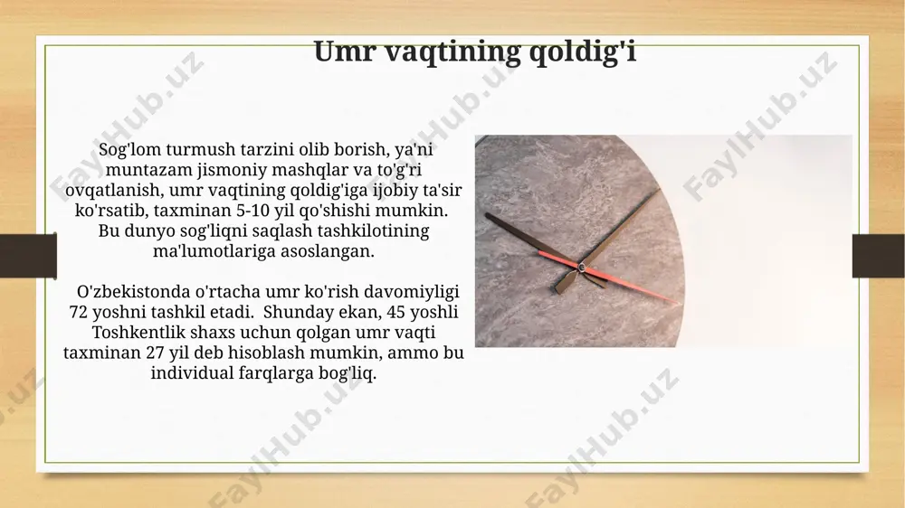 lar orasida esa oilani mustahkamlashga, toshkent kabi yirik shaharlarda 5 yillik reja tuzish foydali bo'ladi. umr rejasini tuzishda, 10 yillik bosqichlarni belgilab, har bir bosqichga 3-5 ta aniq maqsad qo'yish, masalan, uy sotib olish, biznes ochish, yoki 70 yoshda chet elga sayohat qilish, muhim ahamiyatga ega. umr vaqtining boshqaruvi samarqandlik tadbirkorlarning o'rganishlariga ko'ra, umr vaqtining 15% ini o'z-o'zini rivojlantirishga, 50% ini ishga, 35% ini oilasi va yaqinlariga ajratish optimal nisbat hisoblanadi. umr vaqtining samarali boshqaruvi, masalan, 25 yoshdan 40 yoshgacha bo'lgan davrda martaba rejasini aniq belgilab, 5 yillik bosqichlarda maqsadlarga erishishni o'z ichiga oladi, bu toshkentdagi mutaxassislarning tajribasiga asoslanadi. umr vaqtining qadr-qimmati umr vaqtining qadr-qimmati uni 10 yillik rejalar, 5 yillik strategiya va kundalik vazifalar orqali samarali boshqarish orqali namoyon bo'ladi. masalan, tokio kabi yirik shaharlarda vaqtni boshqarish muammosi o'ta dolzarb hisoblanadi, ammo samarali rejalashtirish orqali muvaffaqiyatga erishish mumkin. o'rtacha inson umri 70 yil bo'lib, undan taxminan 25 550 kun …