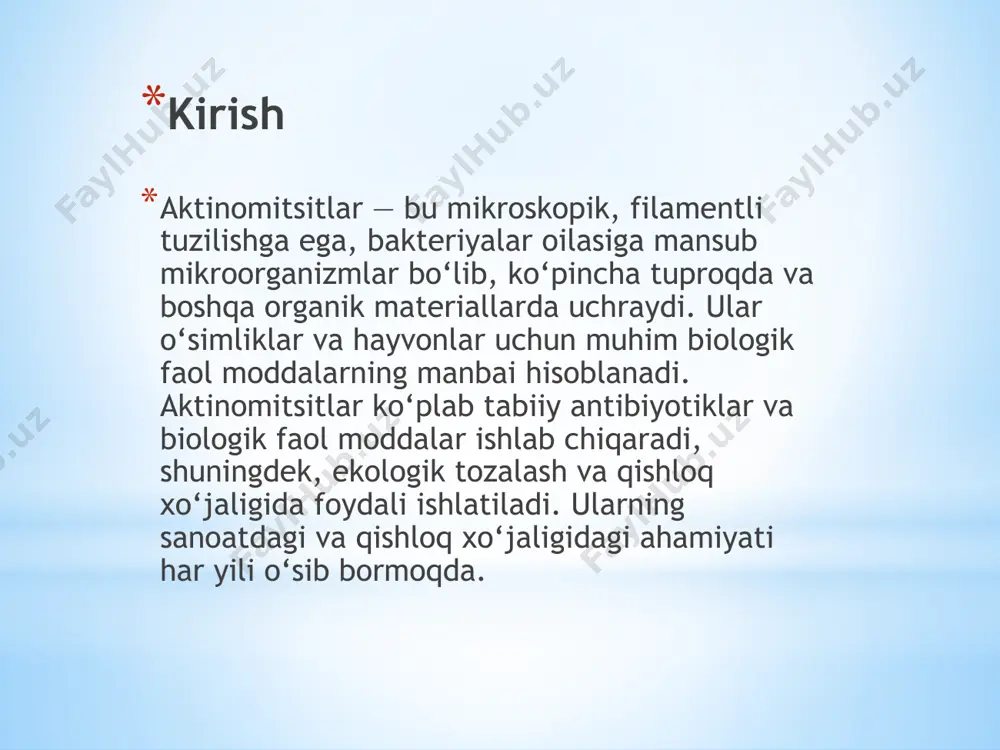dqiqotlar davom ettirilmoqda. aktinomitsitlarning kelajakdagi ahamiyati aktinomitsitlar tabiiy antibiyotiklarga boy bo‘lgan mikroorganizmlar bo‘lib, ular ishlab chiqaradigan dori vositalari yangi kasalliklar va antibiotiklarga chidamli infeksiyalarni davolashda muhim rol o‘ynaydi. kelajakda antibiotiklarning yangi turlari va toksikologik jihatdan xavfsizroq preparatlar ishlab chiqilishi uchun aktinomitsitlardan foydalanish yanada kengayishi mumkin. yangi antimikrobial preparatlar, masalan, bakterial infeksiyalarga qarshi samarali kurashadigan va antibiotiklarga qarshi chidamli bakteriyalarni yo‘qotish imkonini beruvchi preparatlar ishlab chiqilishi mumkin. aktinomitsitlar yordamida yangi dori vositalarini ishlab chiqarish biofarmatsevtika sanoatida muhim ahamiyatga ega bo‘ladi. biotexnologiya va bioaktiv moddalar ishlab chiqarish aktinomitsitlar biotexnologiya sohasida yangi bioaktiv moddalar ishlab chiqarish uchun potentsial manba bo‘lib, ular orqali yangi fermentlar, vitaminlar, polimerlar va boshqa bioaktiv materiallar ishlab chiqarilishi mumkin. kelajakda aktinomitsitlardan foydalanish orqali biologik katalizatorlar yoki sanoat uchun yangi bio-aktiv preparatlar yaratish texnologiyasi rivojlanishi kutilmoqda. bu esa turli sanoat tarmoqlarida, masalan, oziq-ovqat, farmatsevtika va kimyo sanoatida innovatsiyalarni amalga oshirishga yordam beradi. sog‘liqni saqlash va farmatsevtika aktinomitsitlarning kelajakdagi ahamiyati, ayniqsa …