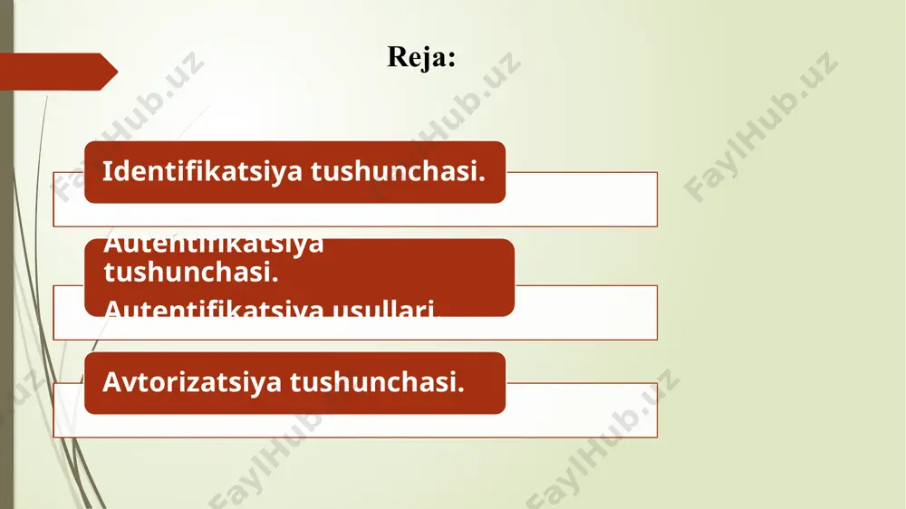 o’tkazishi mumkin. mazkur ma‘ruzada mashina insonni yoki mashina mashinani autentifikatsiyadan o’tkazish ssenariylariga asosiy e‘tibor qaraladi. mashina insonni quyidagi ―narsalar asosida autentifikatsiyadan o’tkazishi mumkin: siz bilgan biror narsa (something you know); sizda mavjud biror narsa (something you have); sizning biror narsangiz (something you are). ― siz bilgan biror narsa xolatiga parol misol bo’la oladi. ―sizda mavjud biror narsa xolatiga esa smartkartalar, token, mashinaning pulti yoki kaliti misol bo’la oladi. ―sizning biror narsangiz xolati odatda biometrik parametrlarga sinonim sifatida qaraladi. autentifikatsiya parol - faqat foydalanuvchiga ma‘lum va biror tizimda autentifikatsiya jarayonidan o’tishni ta‘minlovchi biror axborot. parol amalda autentifikatsiya jarayonida keng qo’llaniluvchi parametr hisoblanadi. parolga asoslangan autentifikatsiyalash quyidagi xususiyatlarga ega: parolga asoslangan autentifikatsiyani amalga oshirish qulay (sarf xarajati kam, almashtirish oson); foydalanuvchi paroli odatda unga alokador ma‘lumot bo’ladi (masalan, uning yaxshi ko’rgan futbol komandasi, telefon rakami va xak.) (123456, 12345, dm>yeg(u) va shuning uchun "hujumchilar‖ tomonidan aniklanishi oson; murakkab parollarni esda saklash murakkab …