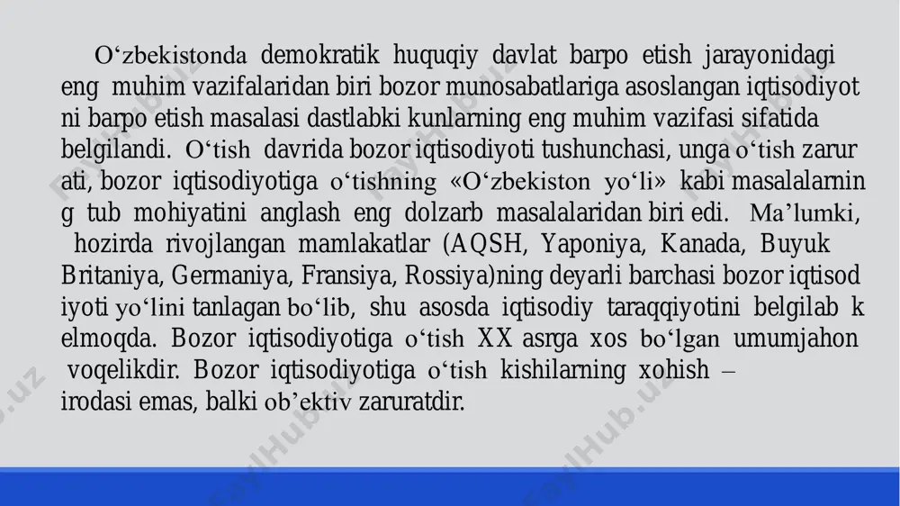 a ularning asosini tashkil qiladi mulkni xususiylashtirish davlat tomonidan boshqariladi xususiylashtirishni huquqiy- me’yoriy jihatdan ta’minlashda qonunlarga rioya etiladi 2018-yilda 2017-yilga nisbatan asosiy iqtisodiy ko`rsatkichlar “har bir oila – tadbirkor” dasturi ishlab chiqilib, amaliyotga joriy etilmoqda bozor munosabatlariga o'tishning asosiy shartlaridan biri sifatida mulkni davlat tasarrufidan chiqarish va xususiylashtirish amalga oshirish. bu bilan davlat monopoliyasi tugatilib, ma'muriy buyruqbozlik buzildi va bozor iqtisodiyotiga asos solindi, mulkdorlar sinfi shakllandi, xorijiy sarmoyadan foydalanib, ishlab chiqarish samaradorligi oshdi. mulkni xususiylashtirish va ko'p ukladli iqtisodni shakllantirish o'zbekistonda ikki bosqichda amalga oshirildi. birinchi bosqich 1992-1993 yillari amalga oshirildi. bu davrda asosan maishiy xizmat, savdo korxonalari, transport va qurilishning kichik korxonalari, qayta ishlash korxonalari mulk shakli o'zgartirilib, mulkning ijara, jamoa, aksiadorlik shakllari vujudga keldi. uy-joylar xususiylashtirildi. ikkinchi bosqich o'zbekiston respublikasi vazirlar mahkamasining 1994 yil 21 yanvardagi «iqtisodiy islohotlarni yanada chuqurlashtirish, xususiy mulk manfaatlarini himoya qilish va tadbirkorlikni rivojlantirish chora-tadbirlari to'g'risida»gi qarori asosida olib borildi. bu davrda ochiq aksiadorlik …