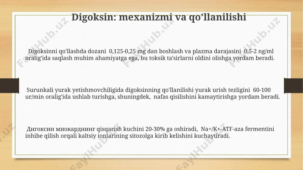 lvef) 40% dan kam bo'lishi mumkin, bu yurakning qonni samarali pompalash qobiliyatining pasayishini bildiradi. yurak yetishmovchiligi bilan og'rigan bemorlarning 50% dan ortig'i 5 yil ichida kasalxonaga yotqiziladi yoki vafot etadi, bu esa yuqori o'lim darajasini ko'rsatadi. kardiotonik vositalarning yon ta'siri ba'zi kardiotoniklar, ayniqsa, glikozidlar, gastrointestinal yo'lning buzilishiga, masalan, ko'ngil aynishi, qusish va diareya, taxminan 20% bemorlarda olib kelishi mumkin. kardiotoniklarning kam uchraydigan, ammo jiddiy yon ta'siri – gipokalemiya (qondagi kaliy miqdorining pasayishi) bo'lib, u taxminan 1% hollarda yuz beradi va aritmiya xavfini oshiradi. kardiotonik vositalarni qo'llash natijasida taxminan 5-10% hollarda bradikardiya, ya'ni yurak urishining sekinlashishi kuzatilishi mumkin, bu esa dozani kamaytirish yoki boshqa dori vositalarini qo'llashni talab qilishi mumkin. ace inhibitörlari: mexanizmi va qo'llanilishi surunkali yurak yetishmovchiligida ace inhibitörlari oʻrtacha 30% gacha oʻlim xavfini kamaytirishi klinik tadqiqotlarda isbotlangan. bu ularning samaradorligini tasdiqlaydi. ace inhibitörlari angiotensin ii hosil boʻlishini 80% ga kamaytirib, qon tomirlarining torayishini oldini oladi va shu bilan qon …