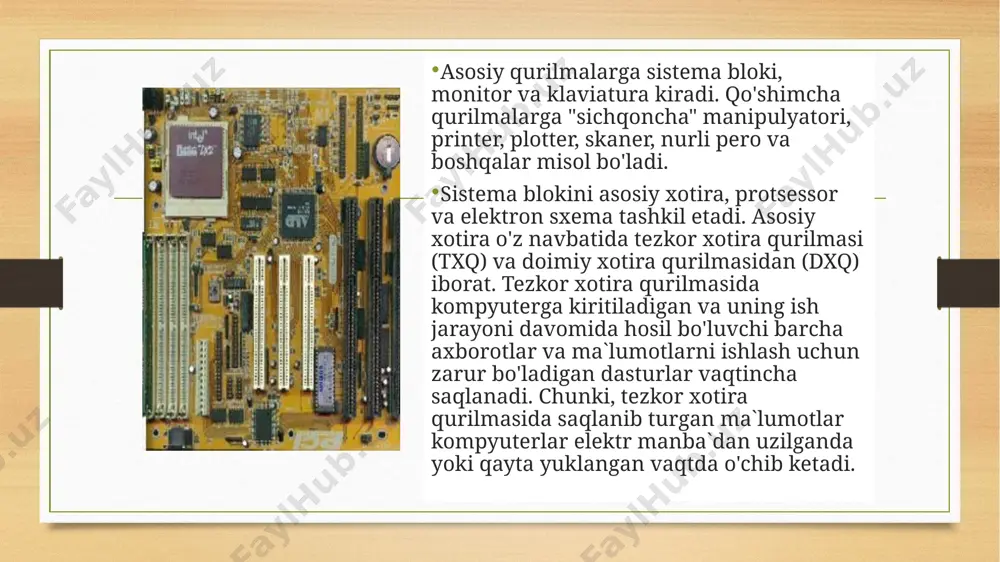 joyga yozish, kerak joyga uzatish boshqa qurilmalarning izlanishini muvofiqlashtirish vazifasini ham bajaradi. ma`lumotlarni kiritish - chiqarish qurilmalari. kompyuterga turli shakldagi axborotlarni kiritish yoki chiqarish uchun xizmat qiluvchi qurilmalarni ma`lumotlarni kiritish - chiqarish qurilmalari (mkchq) deb yuritiladi. ularni ba`zida maxalliy qurilmalar deb xam ataydilar. eng asosiy ma`lumotlarni kiritish - chiqarish qurilmalari, safiga monitor (displey), klaviatura va diskyurituvchi qurilmalari kiradi. kompyuterga turli shakldagi axborotlar kiritishning yo'llaridan biri klaviaturada joylashgan tugmalar ko'magida amalga oshiriladi. aniq bir tugmani yoki tugmalar birikmasini bosilishiga aynan mos ikkilik kodni kiritilishiga olib keladi, buning boisi shifrlovchi deb yuritiladigan - mikrosxema ma`lum bir tugma bosilishida hosil bo'ladigan signalni ikkilik kodga aylantirib beradi. monitor kompyuterning ish jarayonida vujudga keladigan axborotlarning zarur qismini ekranda yoritib berishni ta`minlaydi. monitor matn yoki grafik rejimda ishlaydi. matn rejimida ekran belgi o'rinlari deb yuritiluvchi alohida qismlarga bo'linadi. grafik rejimda ekran piksel deb ataluvchi nuqtalar to'plamidan tashkil topadi. ikkala rejimda ham belgi yoki pikselning ranglari, fonning …