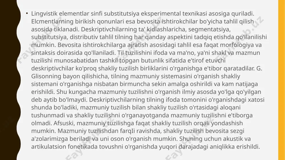 tikada ikki tovush o'rtasidagi uch xii munosabat ajratiladi. bunday munosabat tiplari d;str;buts;ya model/ar; deyiladi. i demak, distributsiya modellarining quyidagi turlari belgiianadi: a) kontrast distributsiya; b) qo'shimcha distributsiya; d) erkin almashinish distributsiyasi. distributsiya modellarining bu turlari n .s.trubetskoyning fonema va uning variantlarini belgiiashning uch qoidasini eslatadi. 2 ikki clement bir xii pozitsiya (qurshov)da biri o'rnida ikkinchisi kelib, ma'noni farqlash vazifasini bajarsa, bu elementlar kontrast distributsiya munosabatida bo'lgan hisoblanadi. masalan, loin, noln, jom so'zlarining birinchi segmentlari i-n-j bir xii pozitsiyada kelib, rna'no farqlash vazifasini bajarib, o'zaro kontrast distributsiya rnunosabatidadir. o'zaro kontrast distributsiya munosabatida bo'lgan elementlar ikki mohiyatning vakillari hisoblanadi. ikki clement bir xii pozitsiyada biri o'rnida ikkinchisi kela olmasa, bu elementlar o'zaro qo'shimcha distributsiya munosabatida bo'lgan sanaladi. masalan, 6uj1 so'zi tarkibidagi u o'rniga shu qurshovda bl ni qo'llab bo'lmaydi, yoki 'fuji so'zi tarkibidagi 0' o'rniga shu qurshovda bl ni qo'llab bo'lmaydi. demak, u va bl tovushlari o'zaro qo'shimcha distributsiya munosabatidadir. qo'shimcha distributsiya …
