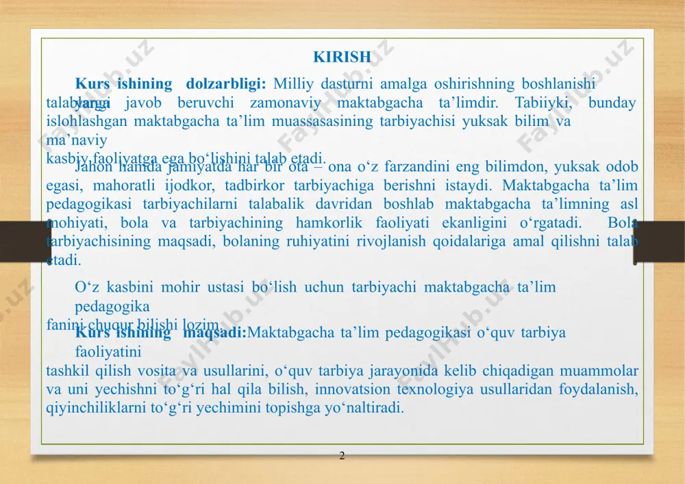 abgacha ta’lim pedagogika fanibo‘lajak tarbiyachilarni maktabgacha ta’lim muassasalariga tarbiyachilik faoliyatiga tayyorlaydi. shu sababdan o‘quv qo‘llanmada maktabgacha pedagogika fanining nazariy va milliy masalalarini yoritib berishga alohida e’tibor qaratildi. maktabgacha ta’lim pedagogika fanining nazariy asoslari: inson kamolotiga qaratilgan, xalq yaratgan boy tajriba, ilmiy tadqiqotga doir nazariy va metodik manbalarga markaziy osiyo va jahon mutafakkir, ma’rifatparvar pedagog olimlarning asarlariga suyangan holda komil insonni tarbiyalashning qonun, qoida va tamoyillariga asoslanadi. kurs ishining ob’ektimaktabgacha pedagogikaning milliy asoslari: ta’lim-tarbiya masalalari, har bir millatning milliy merosiga, umumbashariy qadriyatlariga bog‘langan holda bog‘cha yoshidanboshlab o‘zligini anglash, erkin fikrlash, g‘urur tuyg‘ularini shakllantirishga qaratiladi. kurs ishining predmeti:mazkur o‘quv qo‘llanma pedagogika oliy o‘quv yurtlari talabalarigamo‘ljallab tuzilgan. 4 o‘quv qo‘llanma x bobdan iborat bo‘lib, unda maktabgacha ta’limning mazmuni, ta’lim-tarbiyani tashkil qilish metodlari va boshqarish masalalariga bag‘ishlangan. har bir bobdan so‘ng nazorat savollari berilgan. maktabgacha ta’lim pedagogika fanini chuqur o‘rganib, har bir bola qalbini zabt etuvchi murabbiy-ustoz bo‘lishlarigatalabalarga omad tilaymiz. kurs ishining metodolari:mavzuga oid …
