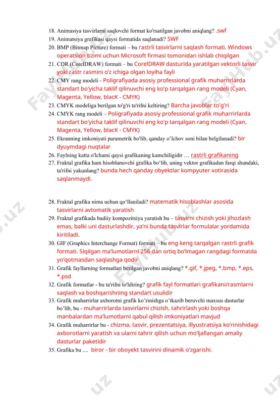 ynasi bilan ishlanganda 14. adobe photoshop dasturida ranglar palitrasini ochish uchun qanday buyruqlar ketma-ketligi bajariladi? окно - цветовые палитры 15. adobe photoshop dasturida tasvir qismlarini belgilash menyusini aniqlang? belgilash (выделение) 16. adobe photoshop tasvir tahrir qiluvchisi yordamida………………………………… mumkin. nuqtalar o'rniga mos ta'rifni toping? fotosuratlarga qo'shimcha kiritish, fotosuratdagi dog‘larni o'chirish va eski rasmlarni qayta ishlash va tiklash, rasmlarga matn kiritish, qo'shimcha maxsus effektlar bilan boyitish, bir fotosuratdagi elementlarni o'zgartirish, almashtirish 17. adobe photoshop windows muhitida ishlovchi …………. dasturdir. nuqtalar o'rniga mos ta'rifni toping? kompyuterlar uchun mo'ljallangan elektron ko'rinishdagi fototasvirlarni tahrir qiluvchi 18. animasiya tasvirlarni saqlovchi format ko'rsatilgan javobni aniqlang? .swf 19. animatsiya grafikasi qaysi formatida saqlanadi? swf 20. bmp (bitmap picture) formati – bu rastrli tasvirlarni saqlash formati. windows operatsion tizimi uchun microsoft firmasi tomonidan ishlab chiqilgan 21. cdr (coreldraw) formati – bu coreldraw dasturida yaratilgan vektorli tasvir yoki rastr rasmini o‘z ichiga olgan loyiha fayli 22. cmy rang modeli - …
