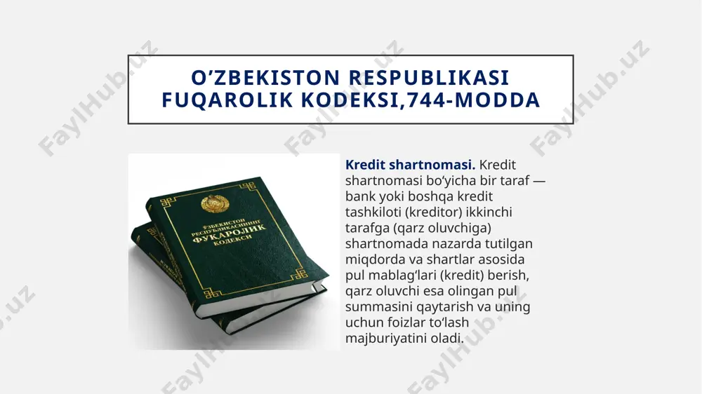 rdir. mikrokreditlar – bu qarz oluvchiga 300 million so‘mdan oshmaydigan miqdorda to‘lovlik, muddatlilik va qaytarishlik shartlari asosida tadbirkorlik faoliyatini amalga oshirish uchun taqdim etiladigan mablag‘lardir. mikrolizing – mikromoliyaviy xizmatlar ko‘rsatuvchi tashkilot tomonidan mol-mulk olish hamda uni egalik qilish va foydalanish uchun lizing oluvchiga shartnomada belgilangan shartlar asosida xaq evaziga berish nazarda tutilgan xizmatdir. mikrolizing tadbirkorlik faoliyatini amalga oshirish uchun 600 million so‘mdan oshmaydigan miqdorda pul beriladi. mikromoliya tashkilotlari tomonidan beriladigan kredit turlari lombard lombardlar: shaxsiy iste’molga mo‘ljallangan ko‘char mol-mulkning (ashyoning) zakalat tarzidagi garovi asosida jismoniy shaxslarga qisqa muddatli (bir yilgacha) mikroqarzlar berishga; jismoniy shaxslardan shaxsiy iste’molga mo‘ljallangan ko‘char mol-mulkni (ashyoni) vaqtinchalik saqlash uchun qabul qilishga haqli. ipotekani qayta moliyalashtirish kompaniyasining asosiy vazifalari etib belgilangan: mahalliy va xalqaro kapital bozorlarida moliyaviy resurslarni, shu jumladan, xalqaro moliya institutlari va xorijiy hukumat moliya tashkilotlarining (keyingi o‘rinlarda – xmi va xhmt) mablag‘larini jalb qilish va keyinchalik ularni ipoteka kreditlarini qayta moliyalashtirishga yo‘naltirish; aholining arzon …