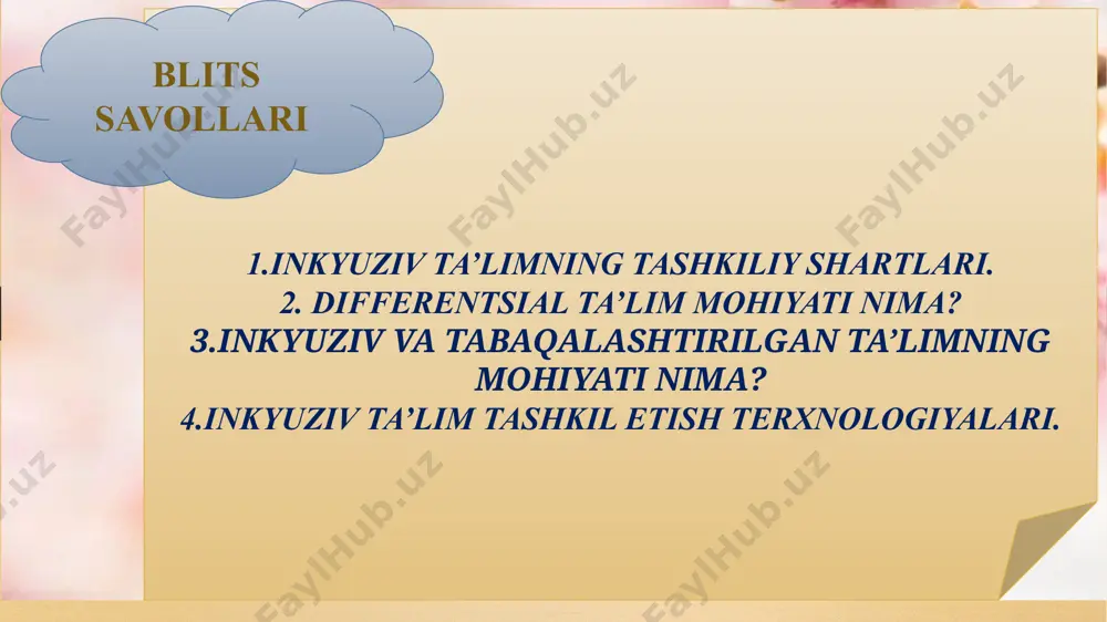 xususiyatlarini, fan sohalari va kasb egallashga boʻlgan tabiiy moyilliklarini toʻliq eʼtiborga olish imkoniyati taʼminlanadi. individuallashtirilgan ta'lim dasturi (iep) - bu bolaning kuchli tomonlarini tavsiflovchi hujjat bo'lib, u yil davomida shaxsiy maqsadlari bilan birga oladigan yordam va xizmatlar. ota-onalar va oilalar iepni ishlab chiqish va qaror qabul qilishda muhim rol o'ynaydi. maxsus ta'lim jarayoni orqali yakunlangan baholash ma'lumotlari talabaning kuchli va qiyinchiliklarini tavsiflash uchun ishlatiladi. iep tegishli ta'lim imkoniyatlari, turar joy, moslashuvlar, maxsus xizmatlar va qo'llab-quvvatlashni ta'minlaydi. bularning barchasi talabaning nogironligi bilan bog'liq noyob ehtiyojlarini qondirish uchun mo'ljallangan. bolalarning rivojlanishidagi nuqsonlarini psixologik-pedagogik tashxis qilishning metodologik tamoyillari. rivojlanishida nuqsoni bo‘lgan bolalarga samarali ta’lim, tarbiya berish, ijtimoiy moslashuvini yaratish uchun uning rivojlanish imkoniyat va xususiyatlarini to‘g‘ri baholay olishga bog‘liqdir. bu vazifani rivojlanish nuqsonlarini kompleks psixologo-pedagogik diagnostika qilish orqali amalga oshirish mumkin. psixologo-pedagogik diagnostika rivojlanishida nuqsoni bo‘lgan bolalarning kamchiliklarini aniqlash, bolaning psixik-jismoniy xususiyatlarini e’tiborga olgan holda unga individual psixologo-pedagogik yondashuvni ta’minlaydi. rivojlanishida nuqsoni bo‘lgan …